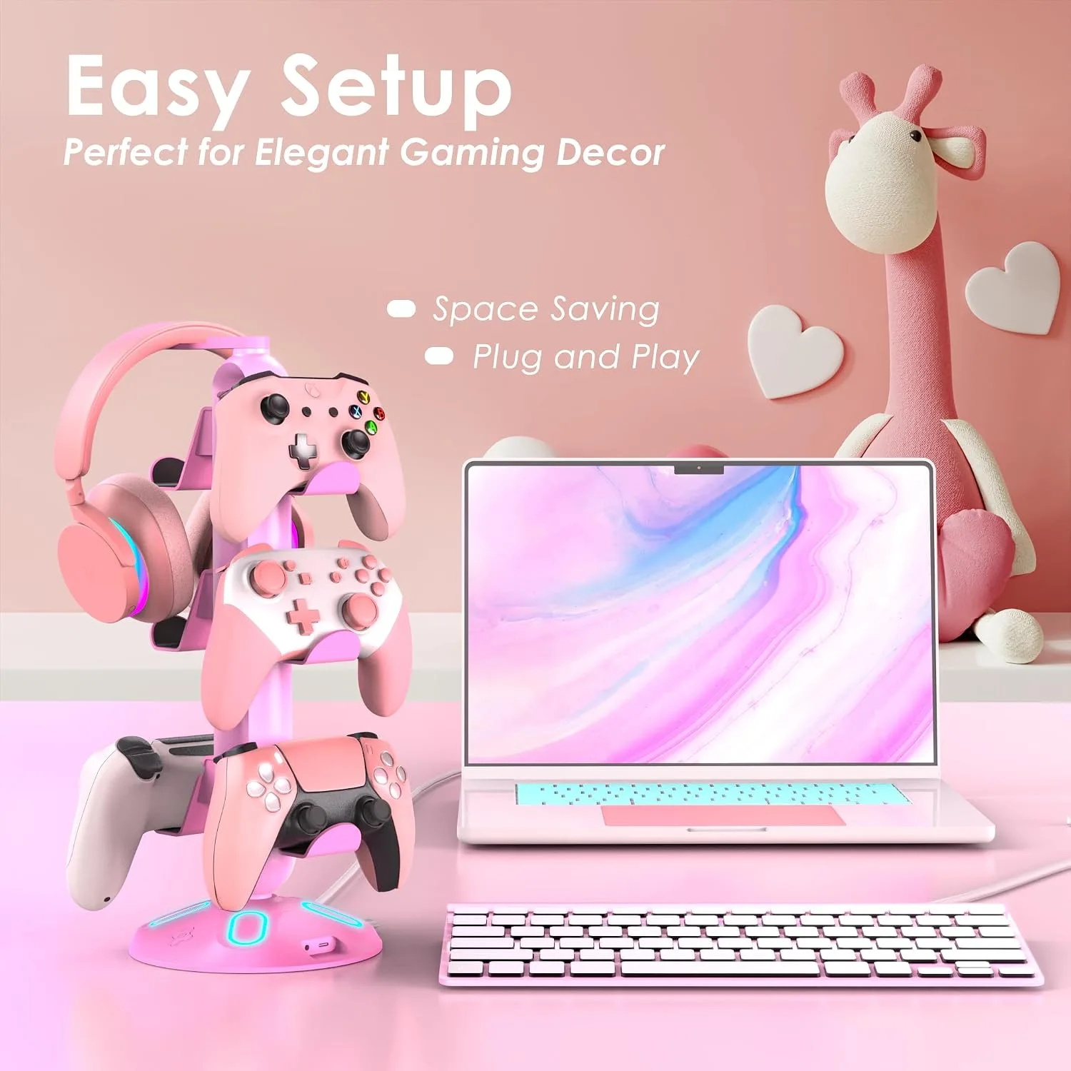 Gaming RGB Headphone Stand, Controller Holder with 9 Light Modes - Headset Stand with 2 USB Charging Ports and 3.5mm & Type-C - Controller Stand Hanger Accessories for Desk and Gamer(Pink)…