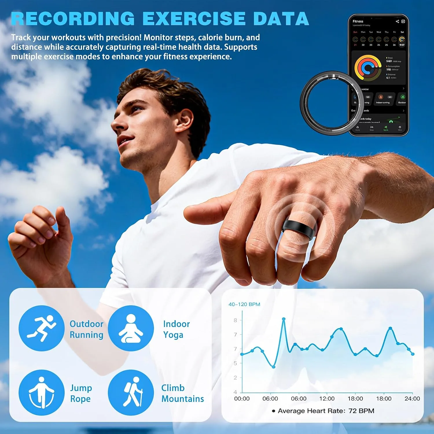 Smart Ring Women Men, Fitness Tracker, No Subscription, Sleep, Black 10