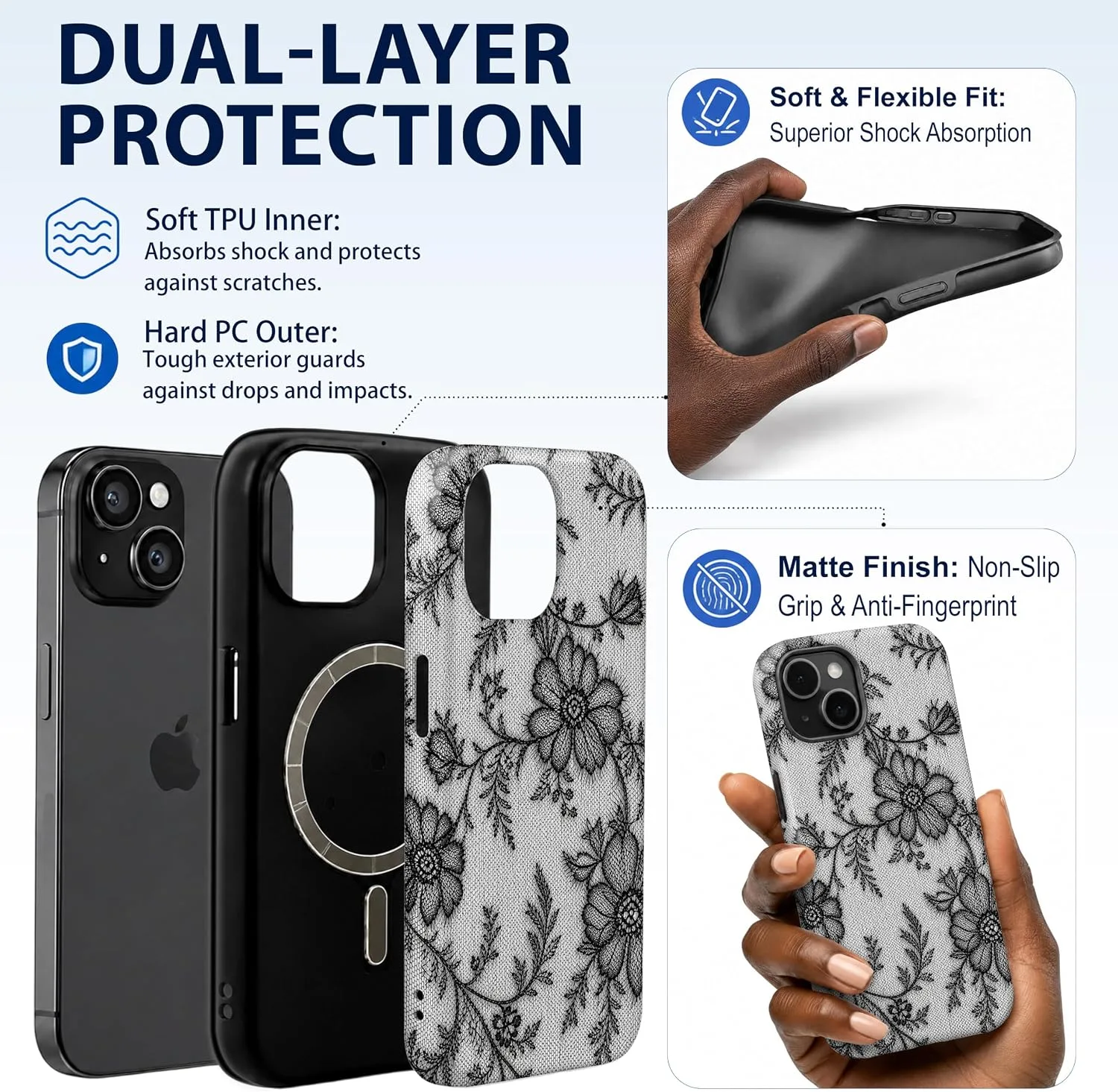 Magnetic for iPhone 15 Black Lace Phone Case, Floral and Flower