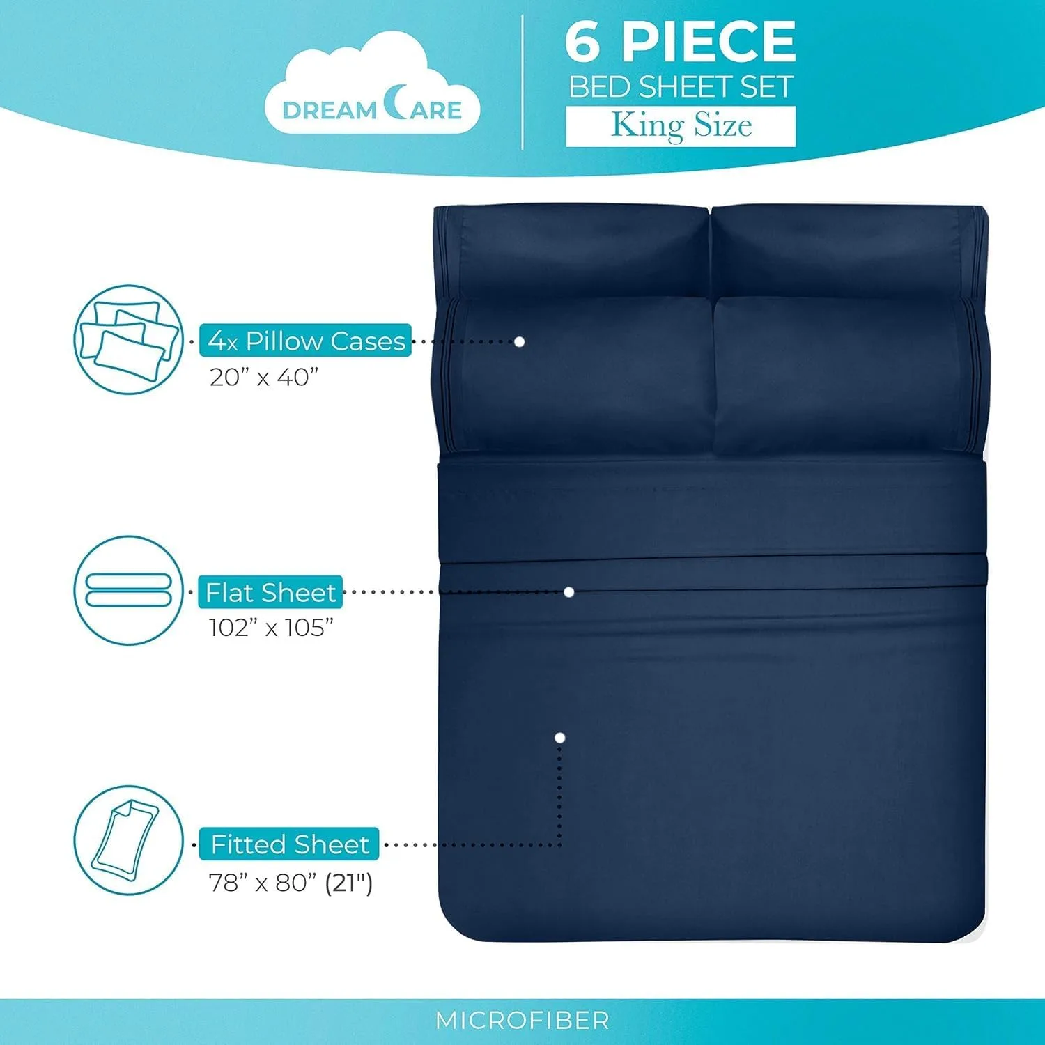 DREAMCARE King Size Sheets Set - 6 pcs Breathable Cooling Sheets King Size