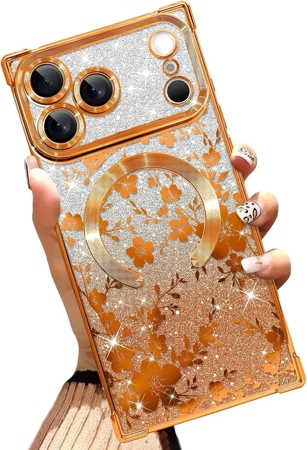 Illians Glitter Phone Case Made for iPhone 17 Pro Max 6.9 in, Orange Floral