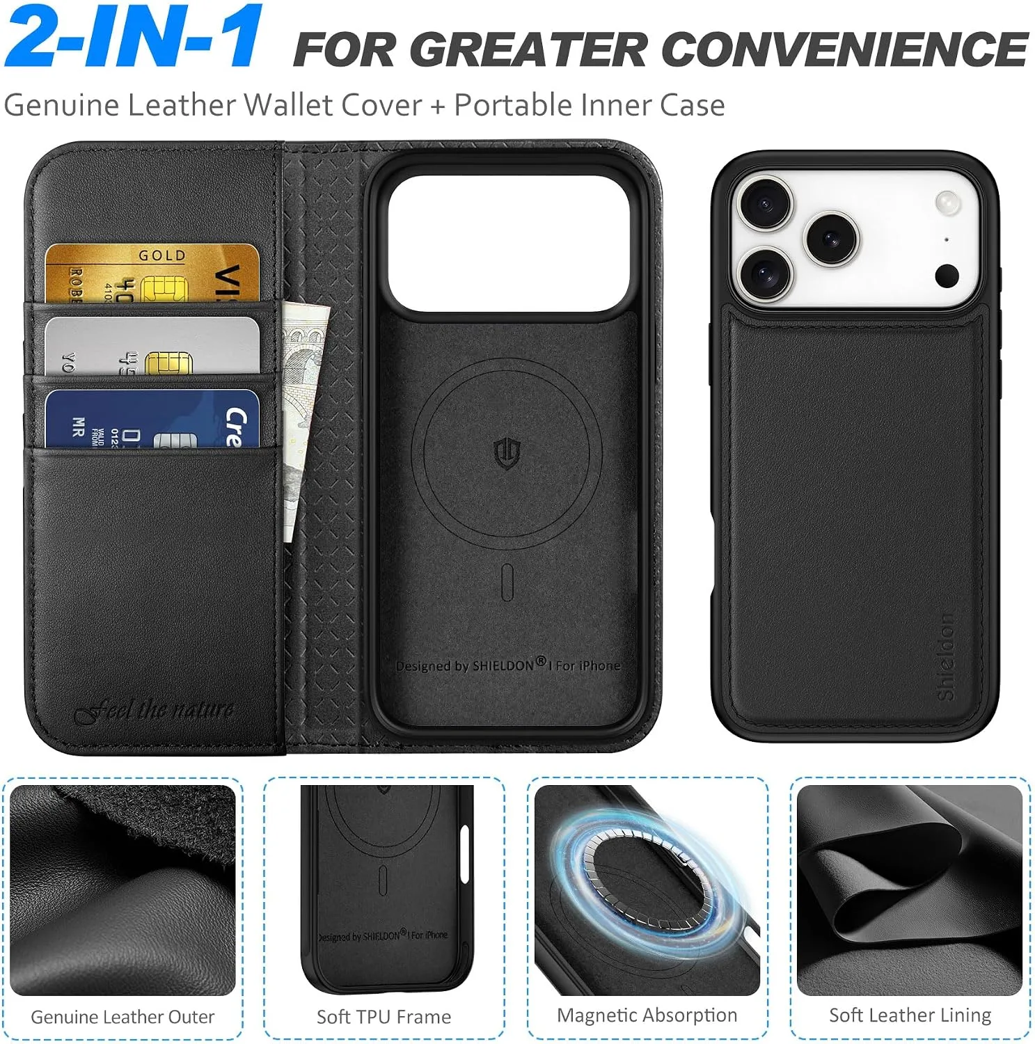 SHIELDON 2 in 1 Wallet Case for iPhone 18 Pro Max/17 Pro Max 6.9", Black