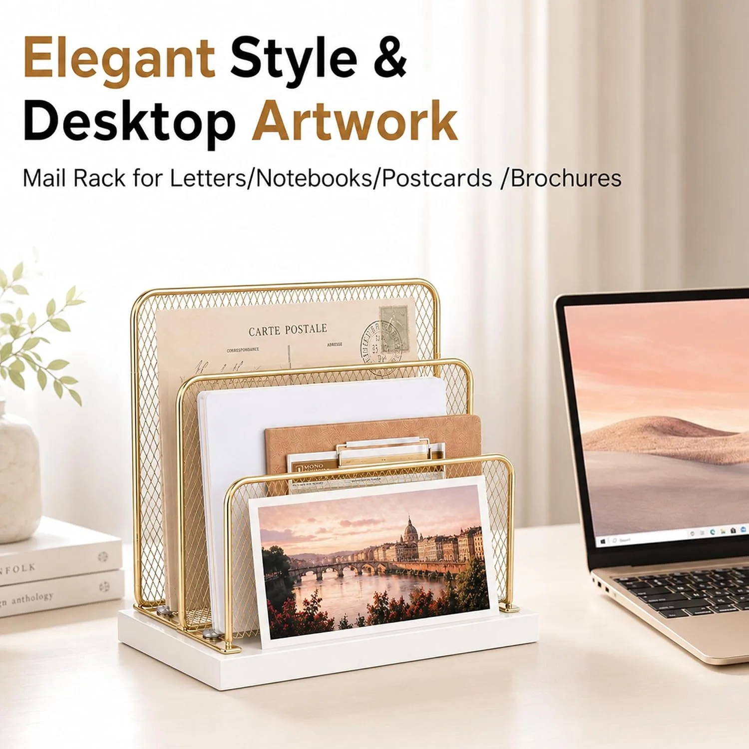 OPNICE Wooden Mail Organizer, File Organizer for Desk, Gold