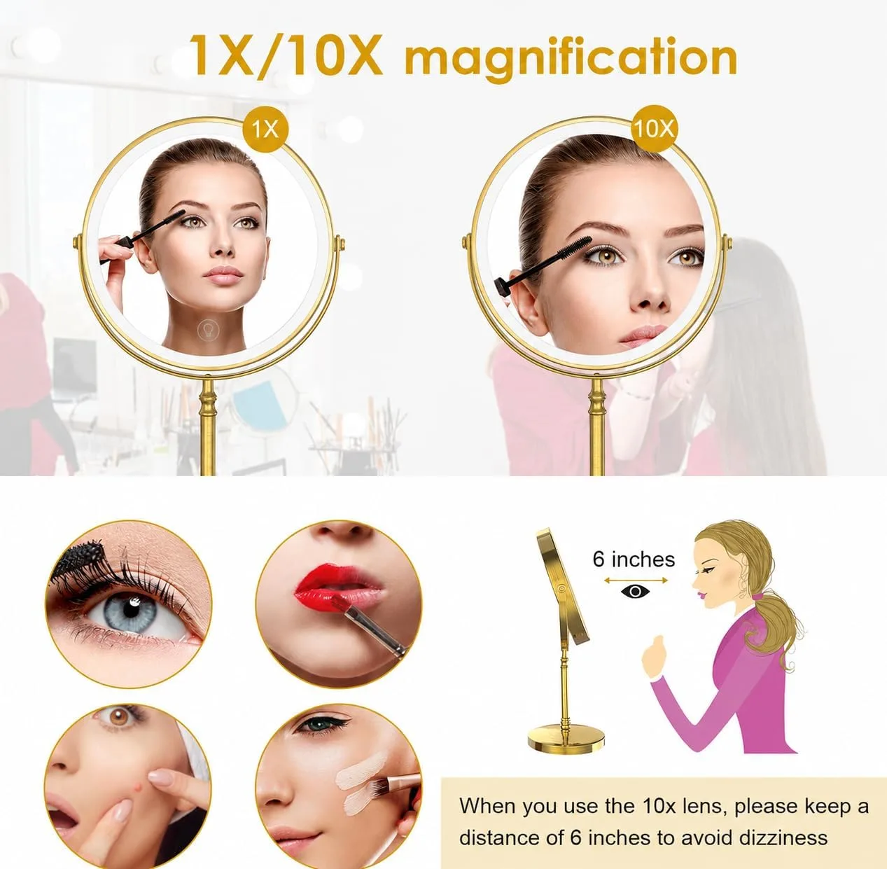 DEIOVWXS Makeup Mirror, Rechargeable Vanity Mirror with 3 Lights, 1X/10X