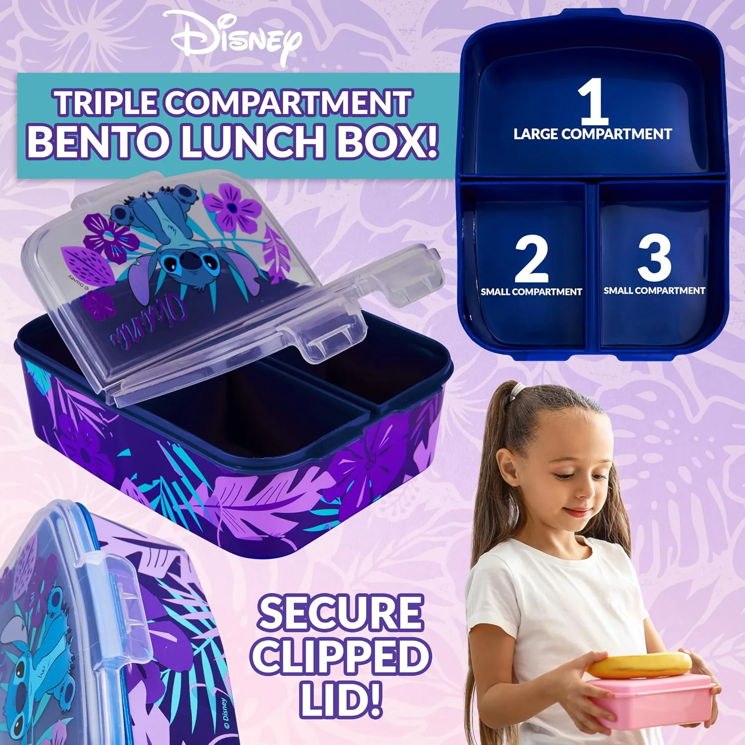 Disney Stitch Kids Lunch Box with Compartments and Water Bottle for School (Blue/Purple)