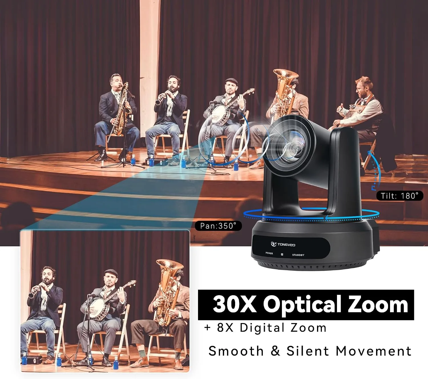 TONGVEO AI Auto-Tracking IP PTZ Camera SDI/HDMI/USB3.0/LAN PoE 30X Optical + 8X Digital Zoom 1080P 60fps for Live Streaming Church Services Education Video Conference with OBS vMix and More