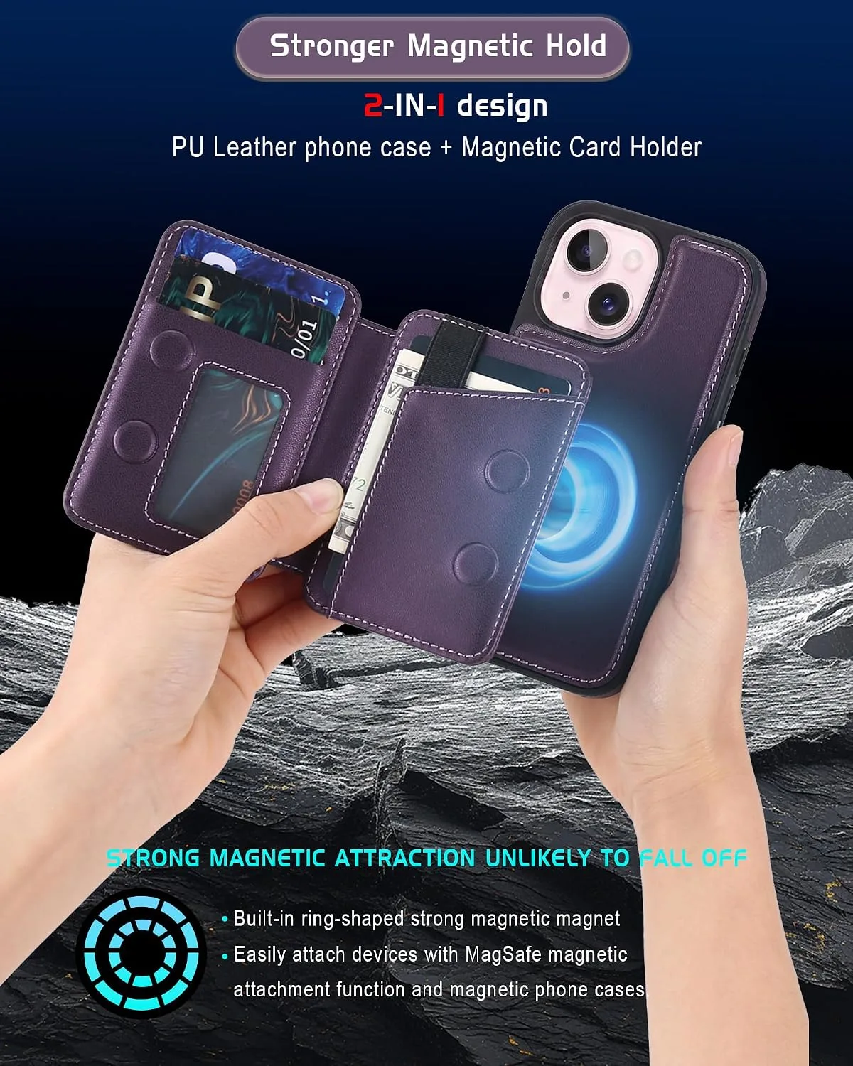 Magnetic Detachable Wallet Case for iPhone 15 with Kickstand,2-in-1 MagSafe Compatible RFID Blocking Card Holder,Slim PU Leather Cover Purple