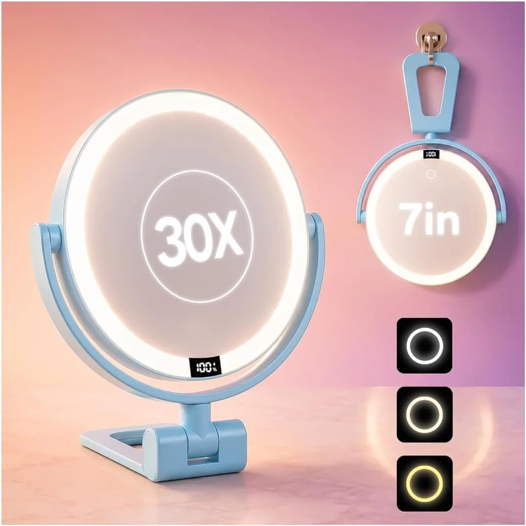 1X/30X Makeup Mirror with Lights, Magnifying Mirror (Sky Blue)