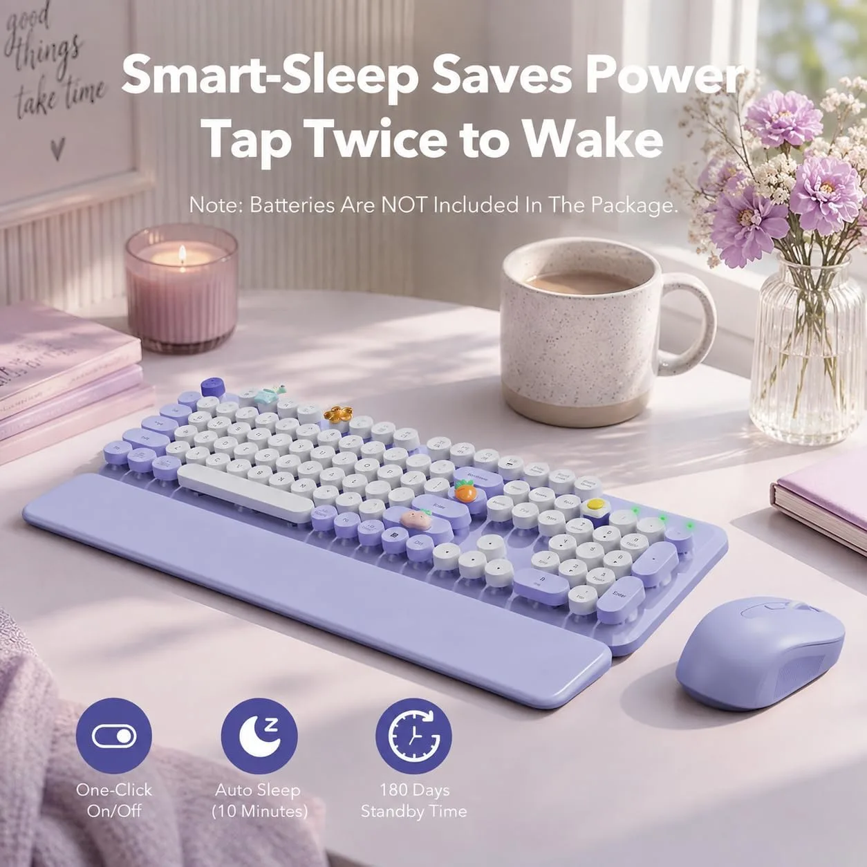 Wireless Keyboard and Mouse, Round Keycaps, Magnetic Wrist Rest, Purple