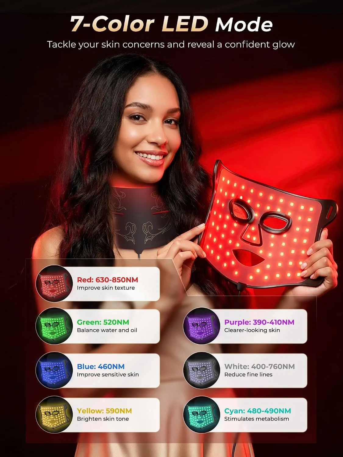 Red Light Therapy for Face & Neck with 850nm NIR & 7 Color Modes