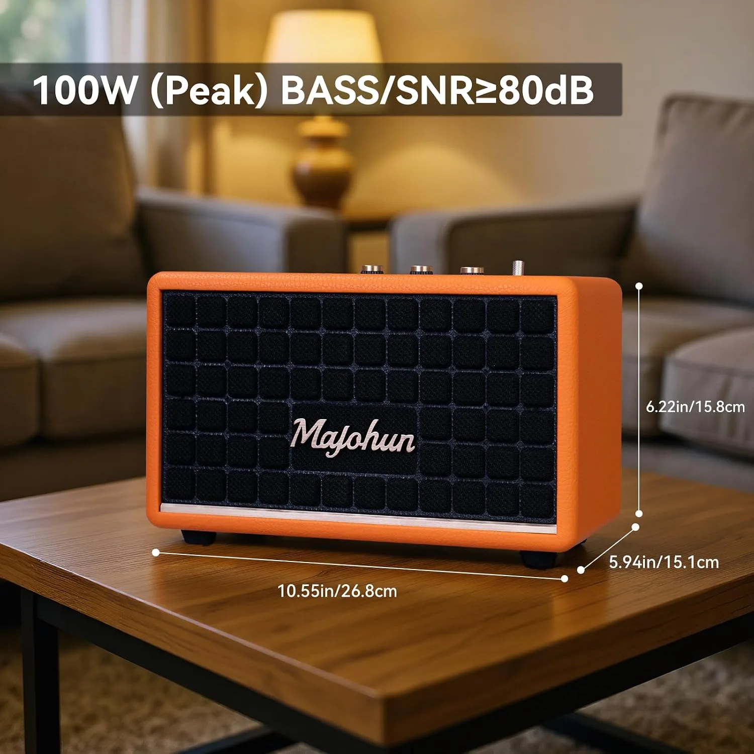 100W Peak Wood Bluetooth 5.4 Speaker, Vintage TWS Stereo (Orange) | Retro style with bass & treble control, AUX & USB input; multiple modes, clear sound ideal for home, room, office, party use.