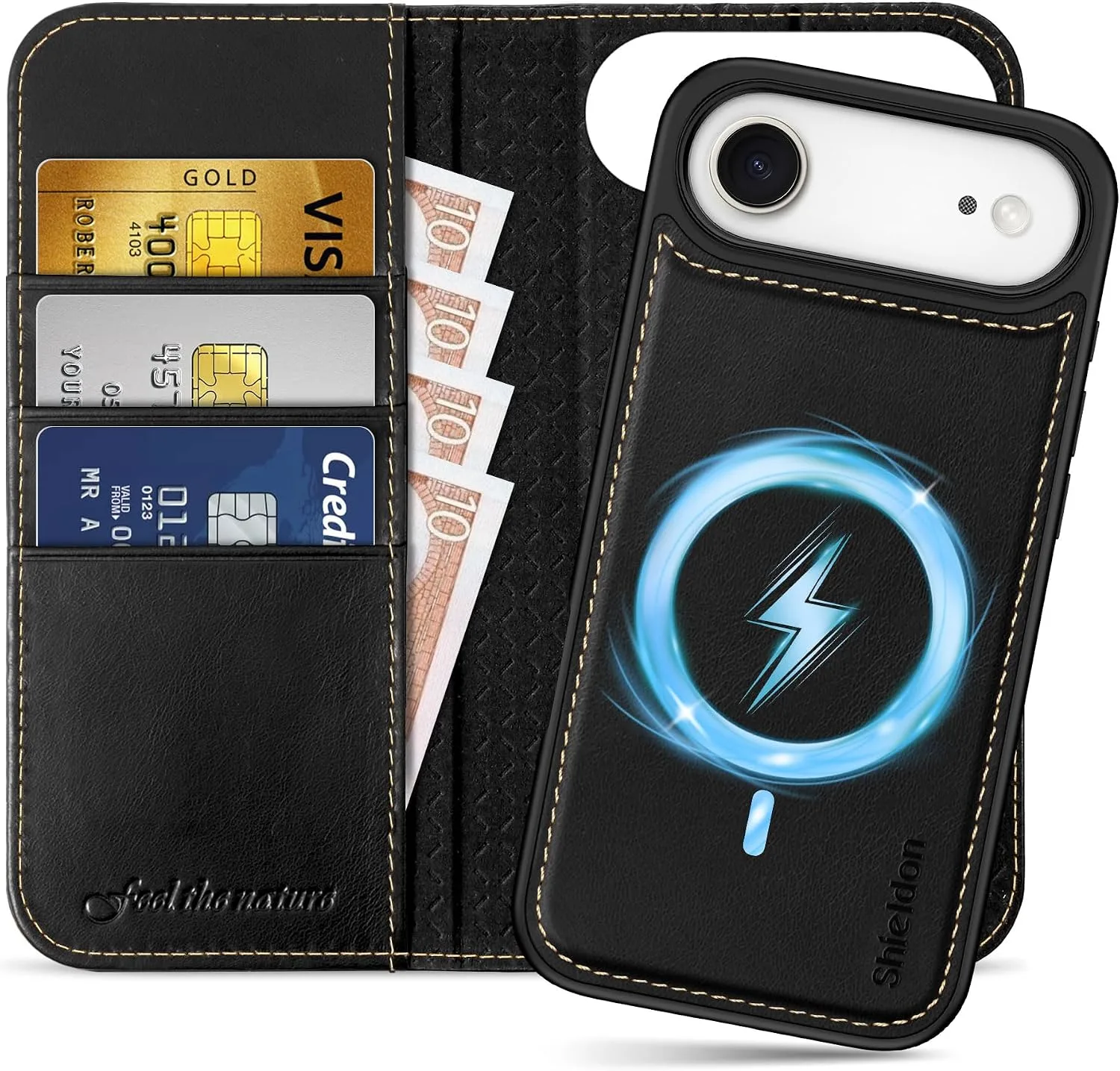 SHIELDON Removable Genuine Leather Wallet Case for iPhone Air, Retro Black
