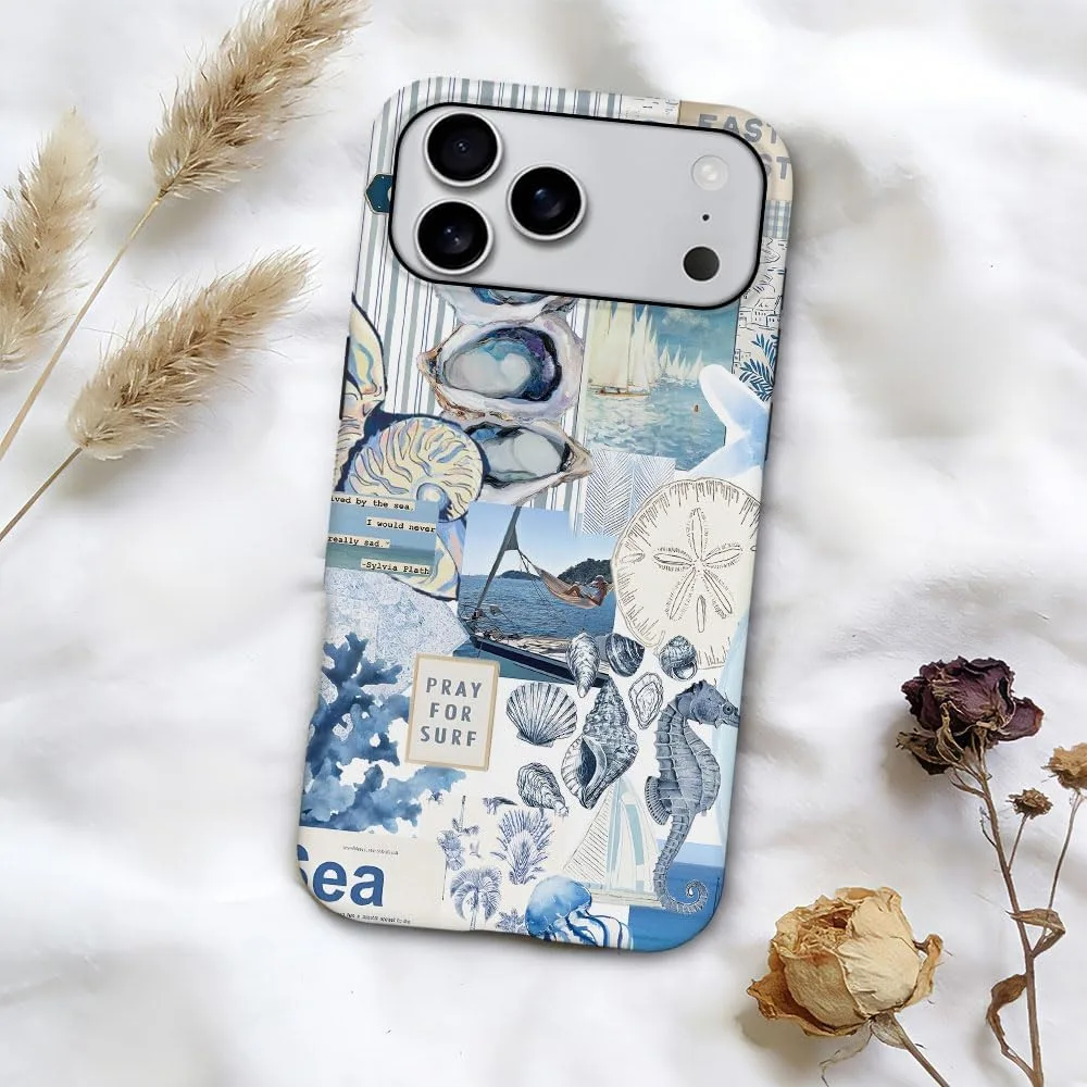 Case Compatible with iPhone 18 Pro Max/iPhone 17 Pro Max,Fall Prevention Hybrid 2-Layer Hard Shell Phone Cover for Girls Boys,Seashell Ocean Blue Retro Collage
