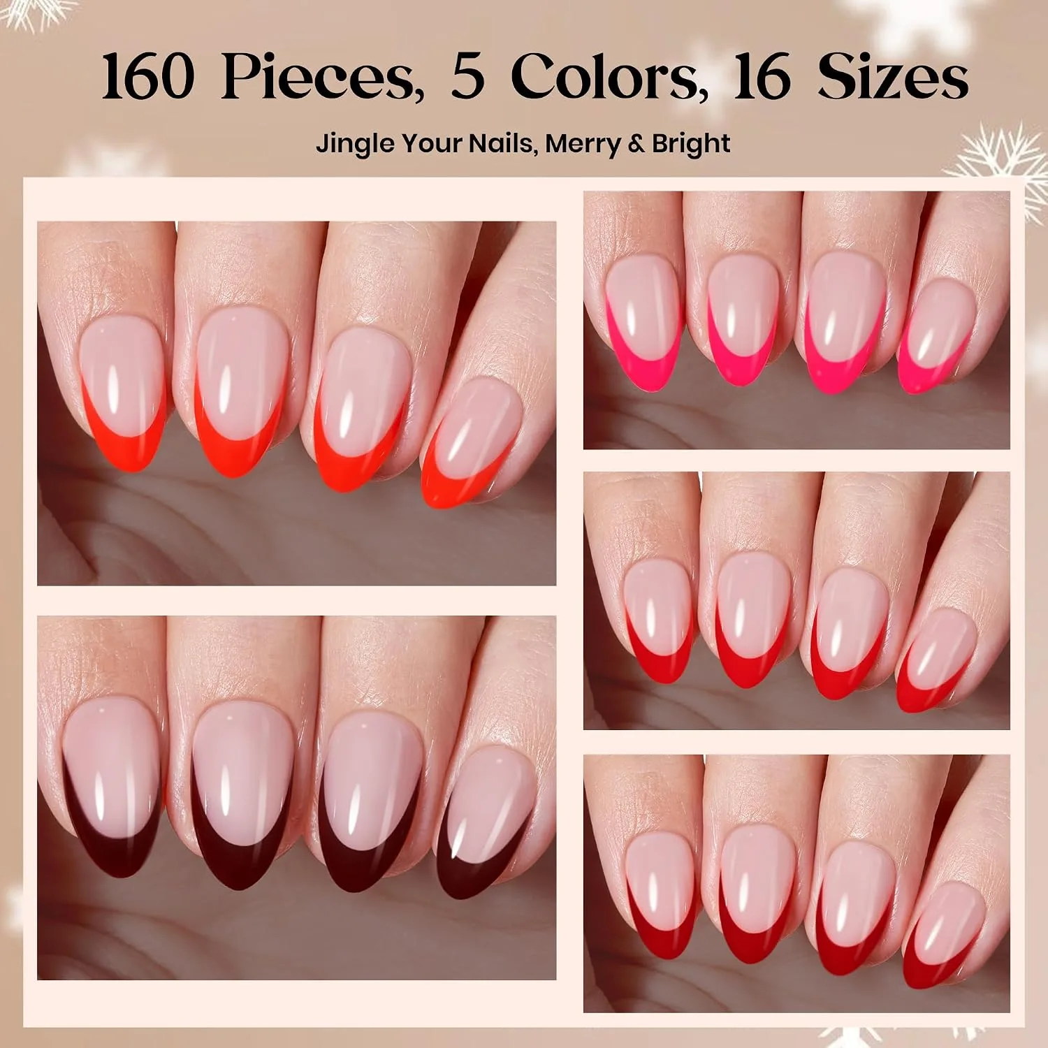 Beetles Red French Tip Press On Nails - Short Almond 5 Colors 160 Pcs
