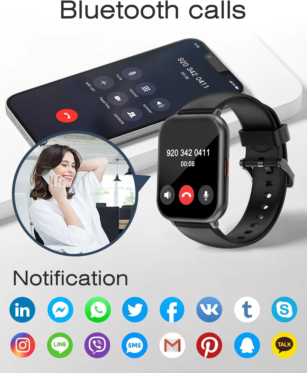 Smart Watch for Men Women with Call Function, Sport & Metal Bands Black