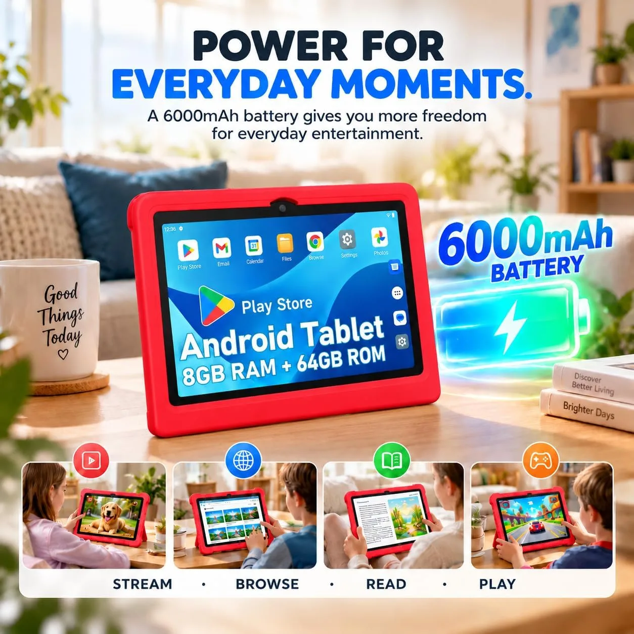 JREN 10.1" Android 15 Tablet with Case, 64GB Storage,Octa-Core Red