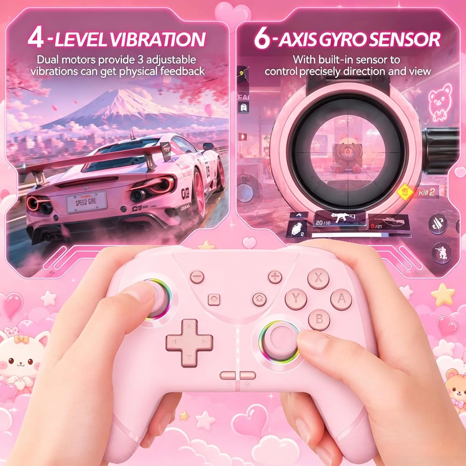 Switch Controller, Wireless Pro Controller for Nintendo Switch 2/Switch/Lite/OLED, Bluetooth controllers Compatible with iPhone/Mac/iPad/iOS/Android/Phone/PC/Steam and TV with Programming/RGB4/Vibration / 3 Turbo Modes/6-Axis/Motion (Pink)