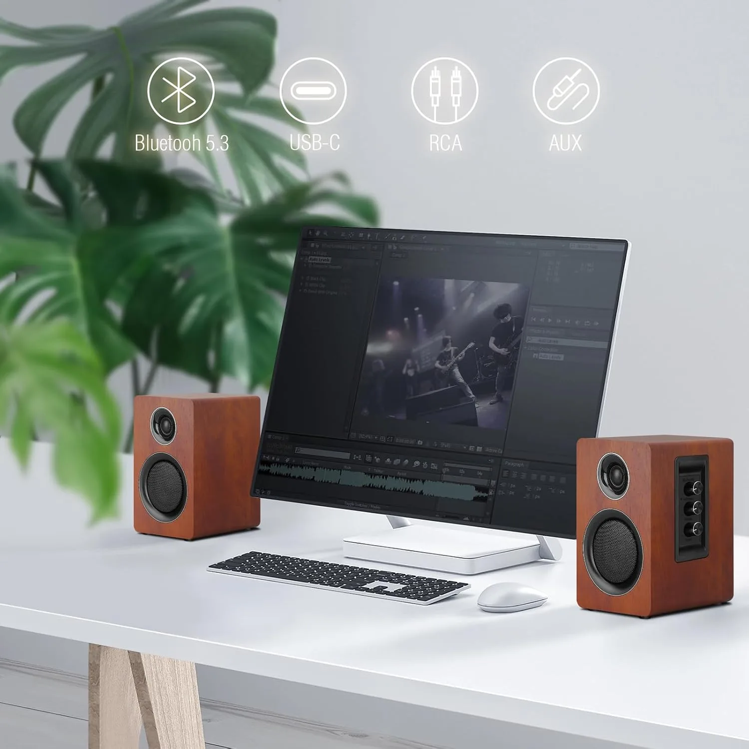 Computer Speakers, Bluetooth 5.3, USB-C, AUX/RCA, 3.5-Inch Woofer, Brown