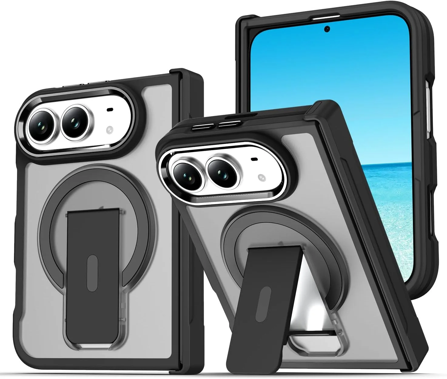 for iPhone Duo Case Bulit-in Kickstand Holder Hinge Protection and Iron Ring Compatible with Magsafe Anti-Yellowing Phone Cover Stand Cases (Black)