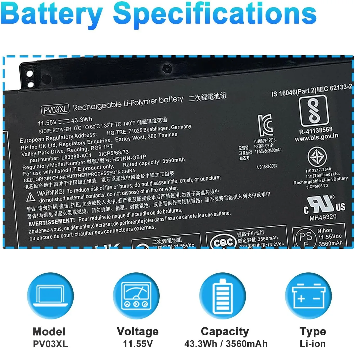 PV03XL PP03XL L83388-AC1 Battery for HP Pavilion x360 14M-DW