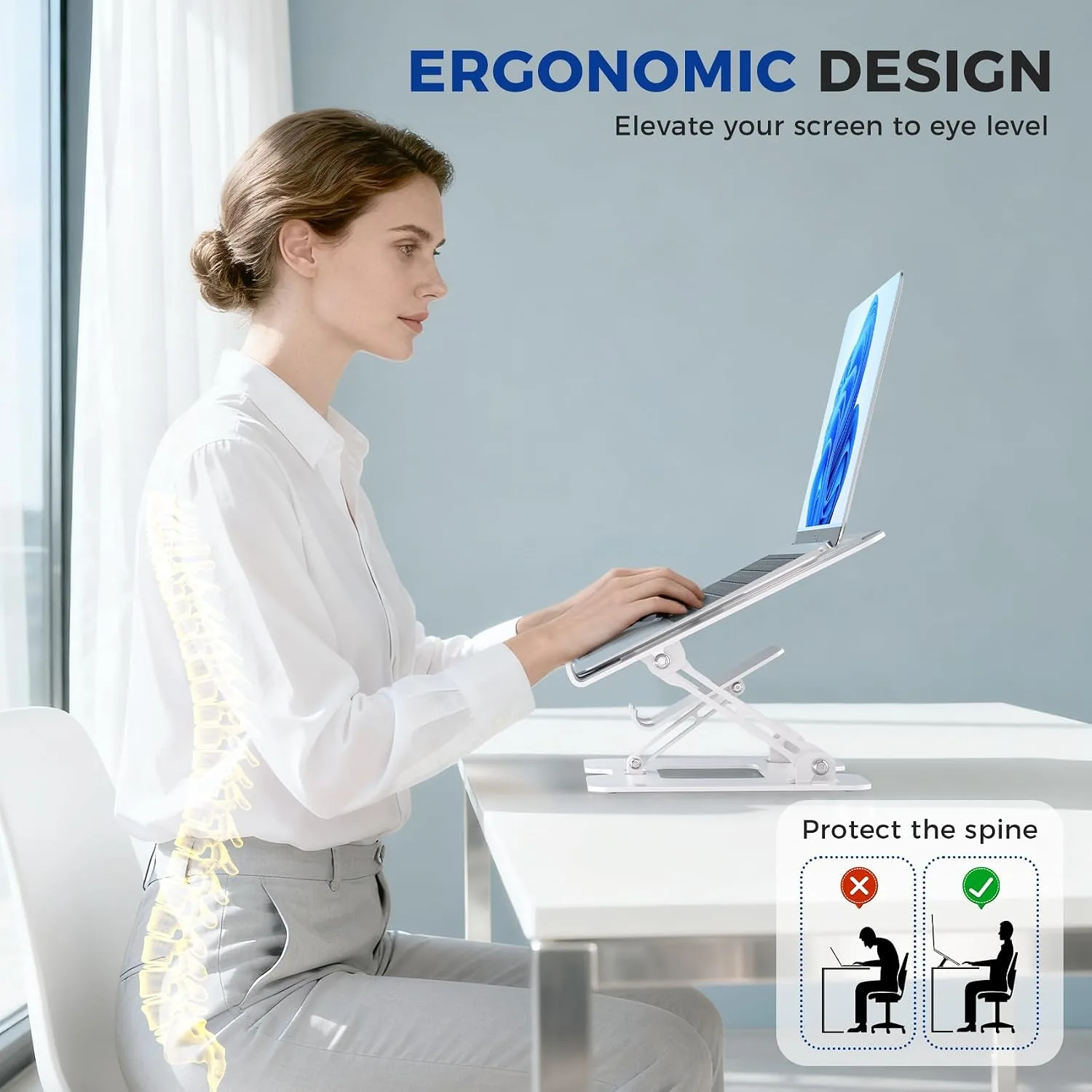 Ergonomic 2-in-1 Laptop Phone Stand for Desk, Adjustable Riser, Sturdy and Portable, Fits All Laptops and Phone（White）