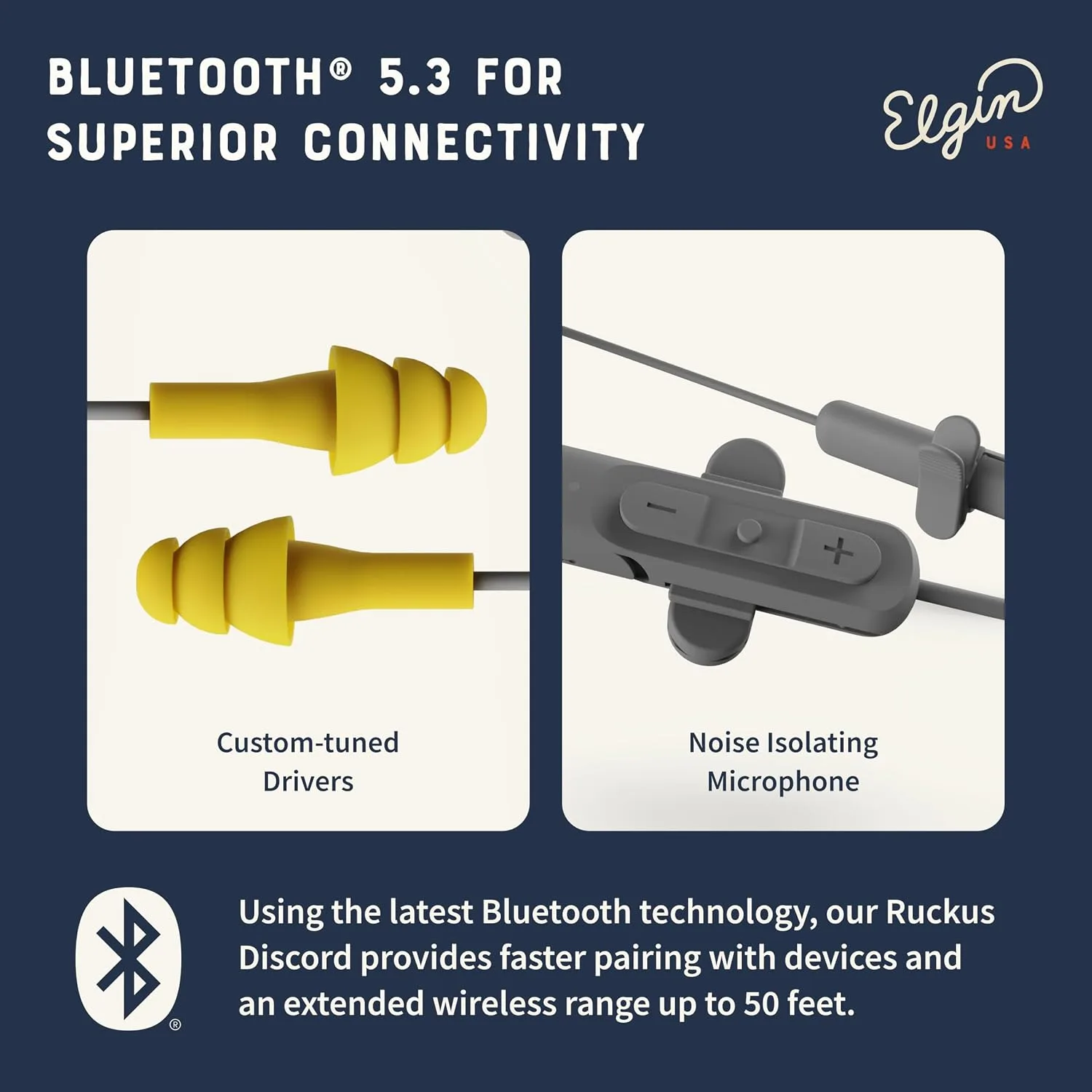Elgin Ruckus Wireless Bluetooth Earplug Headphones, Noise Canceling Mic