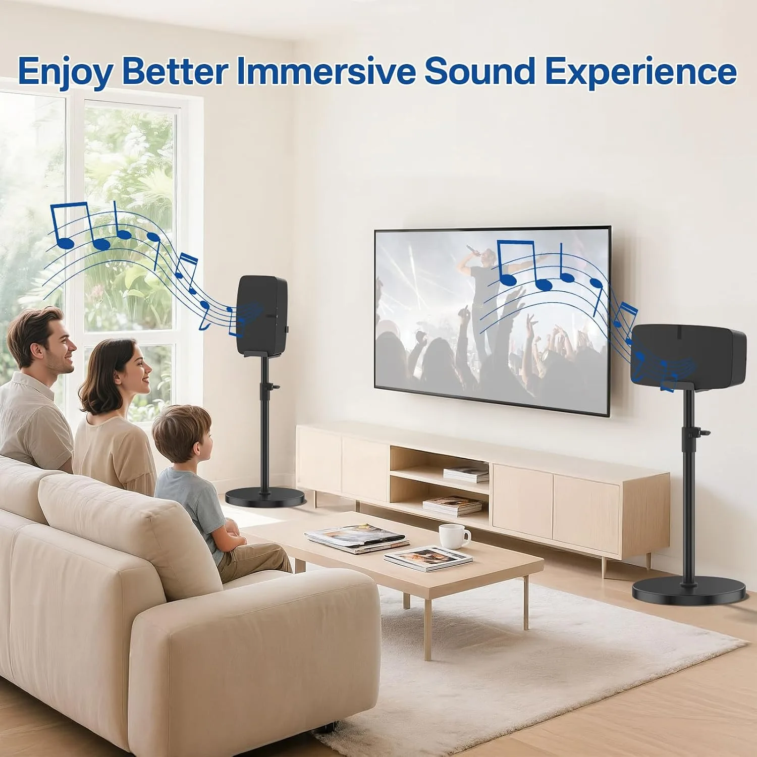 Height Adjustable Floor Speaker Stand for Sonos Five & Play:5, Vertical or Horizontal Placement, Metal Sonos 5 Speaker Stand with Cable Management (Black, 1 Pack)