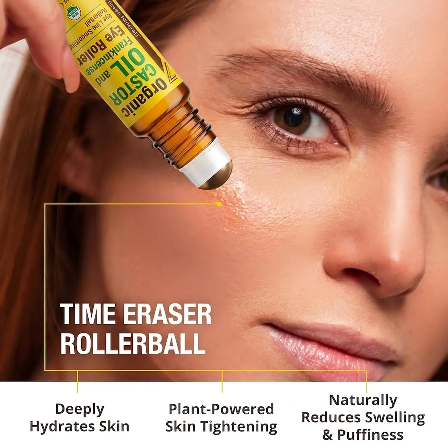 Seven Minerals Organic Castor Oil Roll On Eye Roller for Under Eye Bags, Dark Circles & Wrinkles - Organic Blend of Castor Oil And Frankincense - Brightens, and Revitalizes Skin & Face - 0.33 fl oz