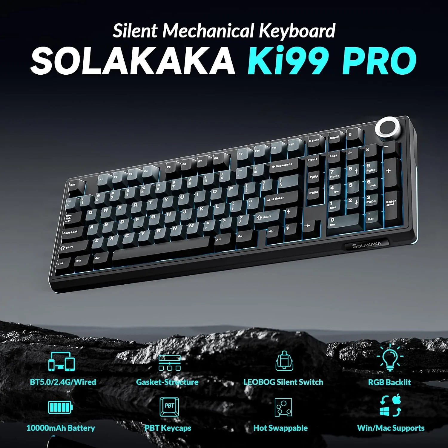 SOLAKAKA KI99 Pro Wireless Mechanical Keyboard with Quiet Switch, Hot Swappable Pre-Lubed Switches with RGB Backlit, Gasket Structure Computer Gaming Keyboard (BlackBlue, Silent Switch)