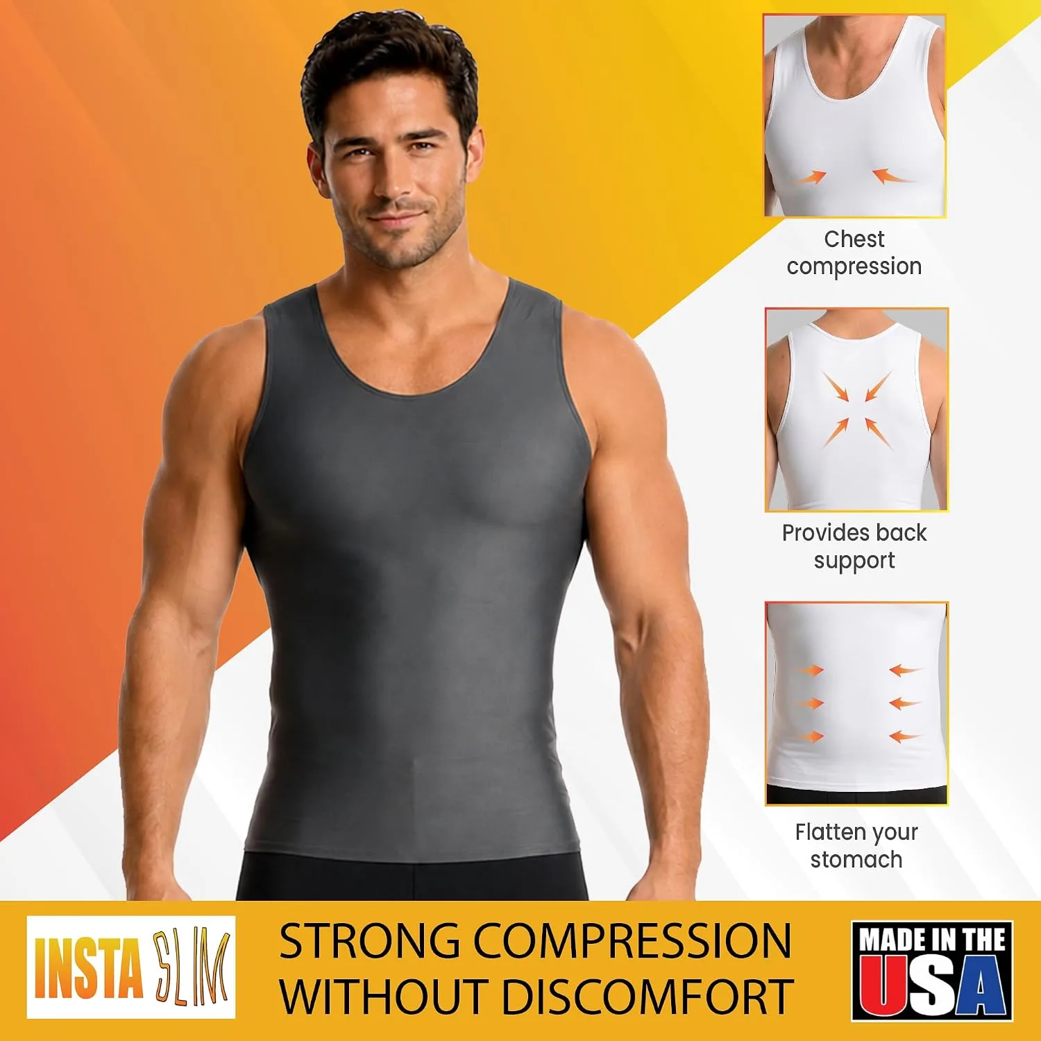 Insta Slim - Made in USA 3 Pack Compression Muscle Tank Body Shapers for Men. Back Support, Slimming Shapewear Undershirt