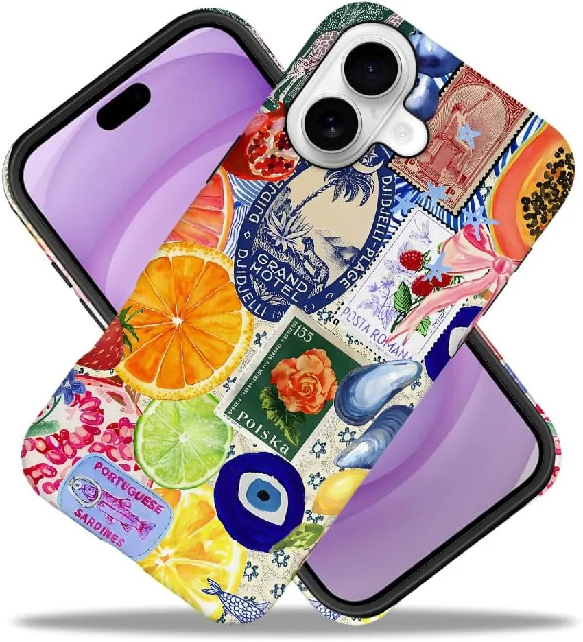 Case Compatible with iPhone 17,Fall Prevention Hybrid 2-Layer Hard Shell Phone Cover for Girls Boys,Bow European Summer Lemon Collage