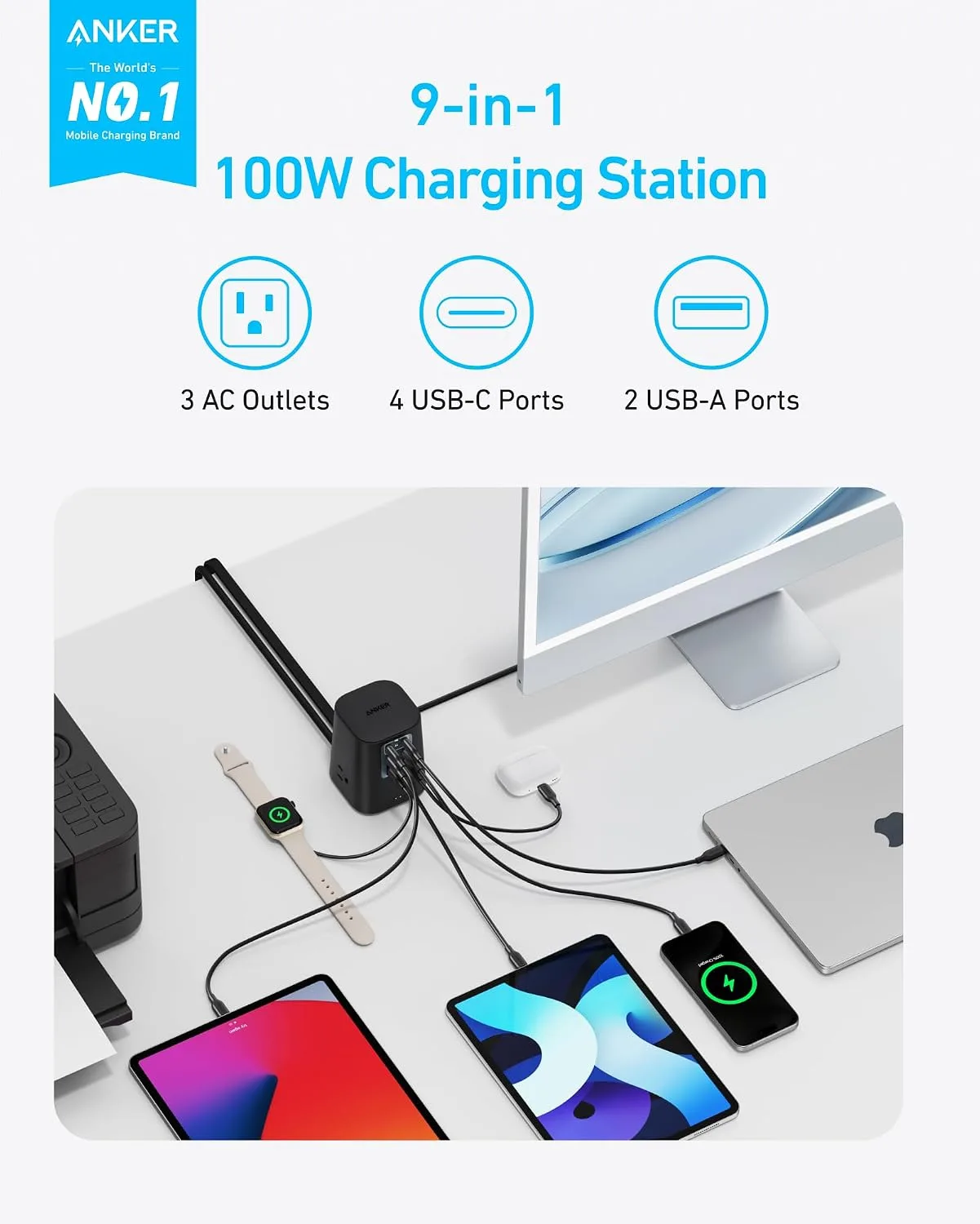 Anker Desktop Charger, 9-in-1 Power Strip with 300J Surge Protector, 100W