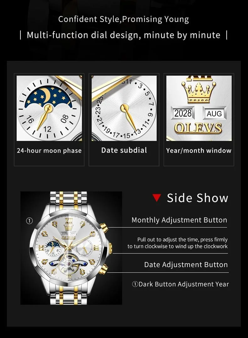 OLEVS Skeleton Men Watches Automatic Business Luxury Diamond Self Winding Watch for Men Stainless Steel Calendar Wrist Watch