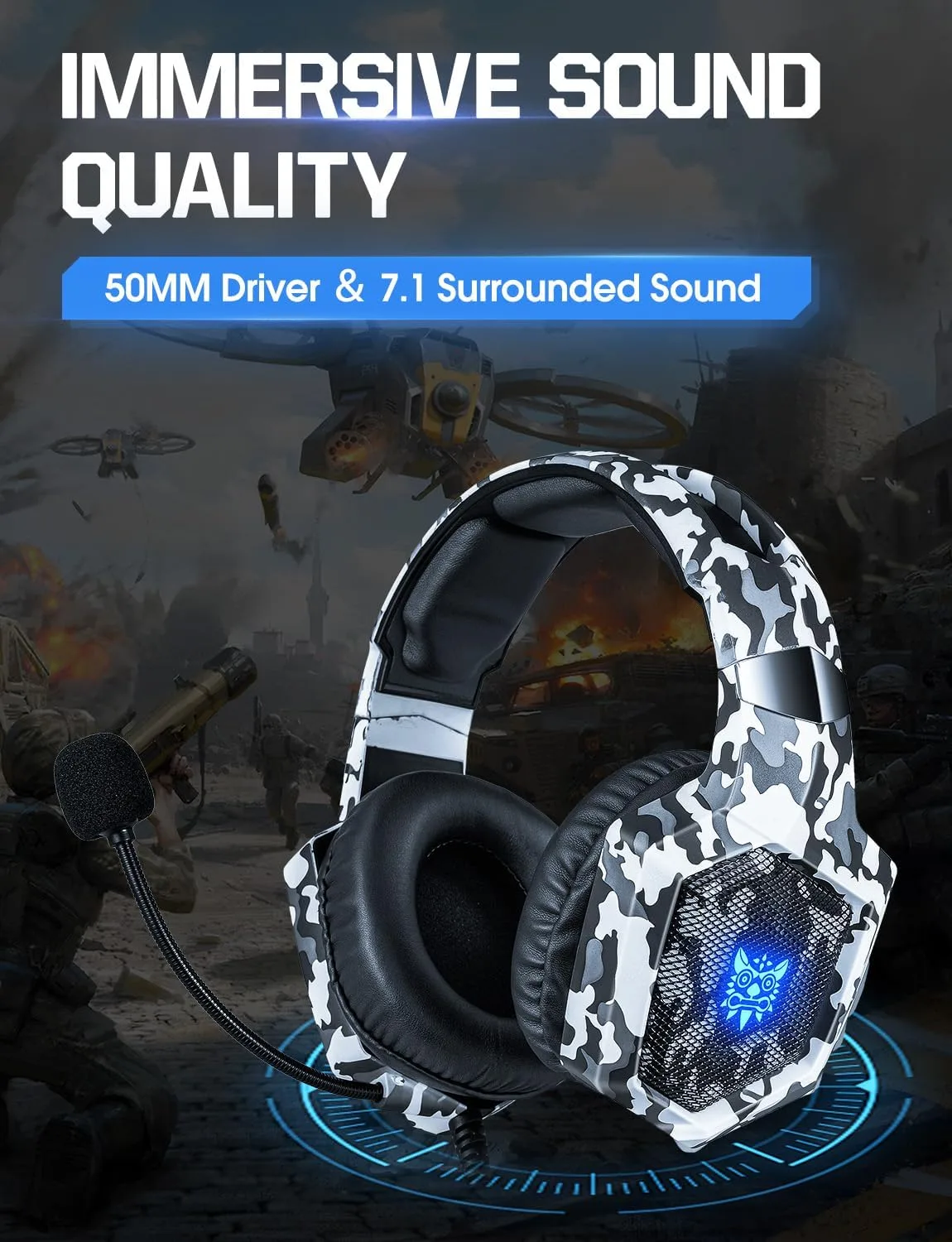 Nanddi Gaming Headset with Microphone, Gaming Headphones for PS4 PS5 Xbox One PC with LED Lights, PlayStation Headset with Noise Reduction 7.1 Surround Sound Over-Ear and Wired 3.5mm Jack (White)