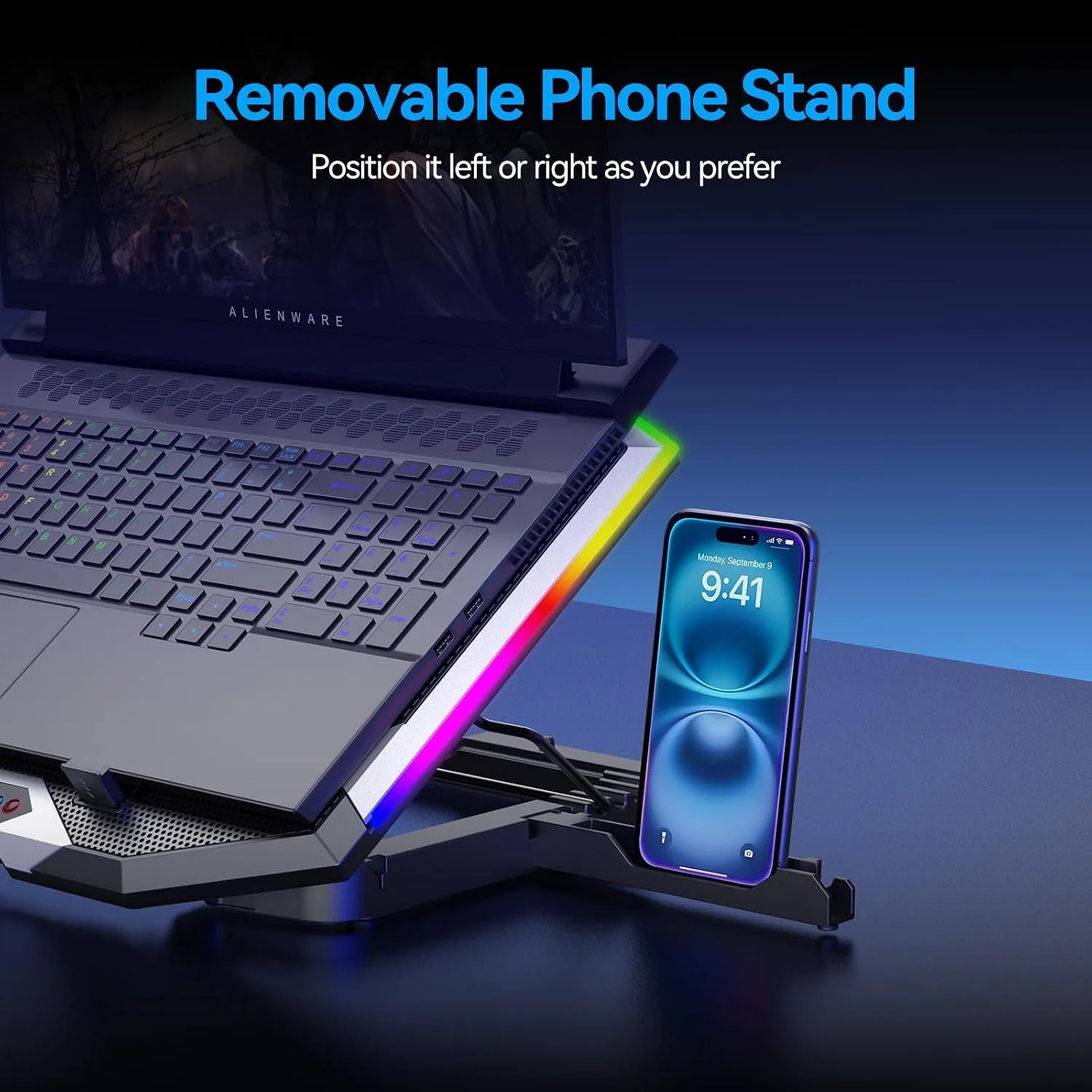 ICE COOREL Gaming Laptop Cooling Pad with 8 Cooling Fans, Laptop Fan Cooler Pad for 15-17.3 Inch, Notebook Cooler Stand with 6 Height Adjustable, RGB Cooling Pad with Two USB Port + Phone Stand