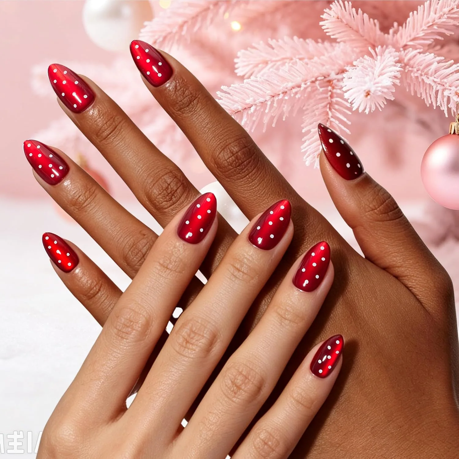 Beetles Red Press On Nails Short Almond, Halloween Cat Eye Polka Dot
