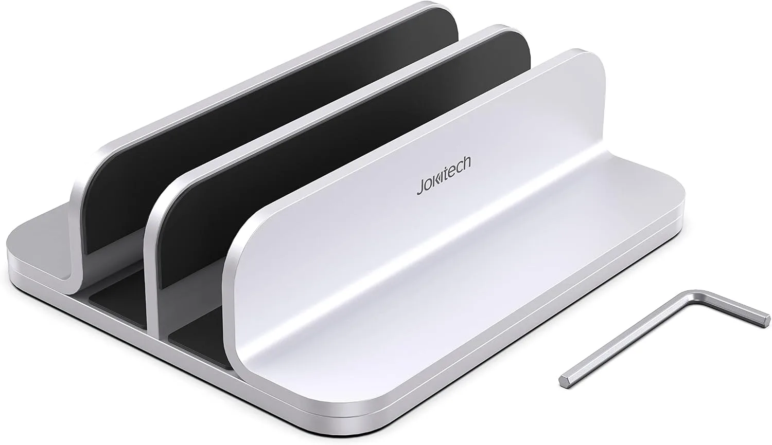 JOKItech Double Aluminum Laptop Vertical Stand Organizer, Sturdy Notebook Computer Holder Stand Compatible with New Liquid Retina XDR Apple MacBook Air/Pro/Neo, Mac mini, Apple TV & iPad Pro - Silver