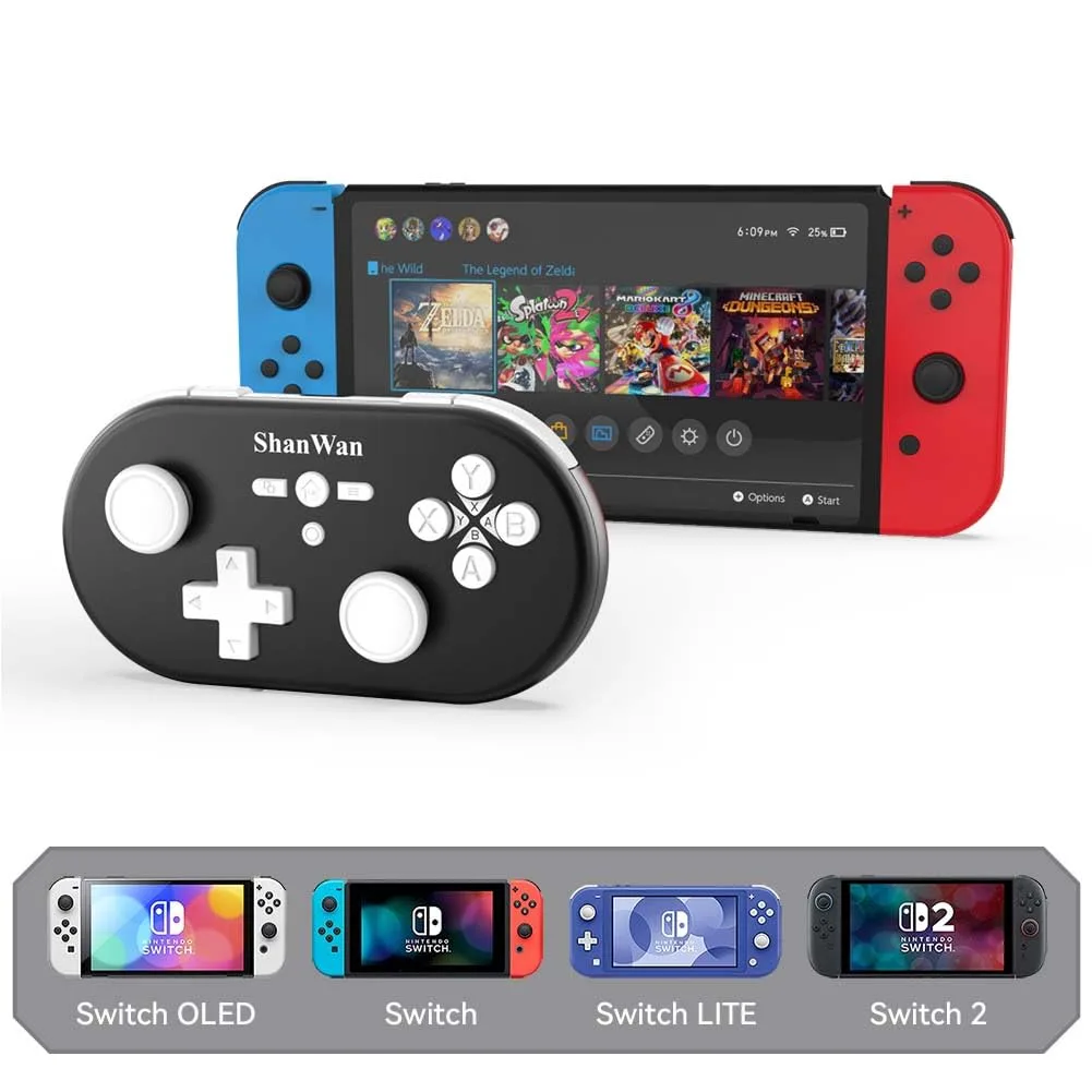 ShanWan Wireless Mini Controller for Switch, PC, iOS, Android, Supports Keyboard Mode for iPad Procreate (Black)