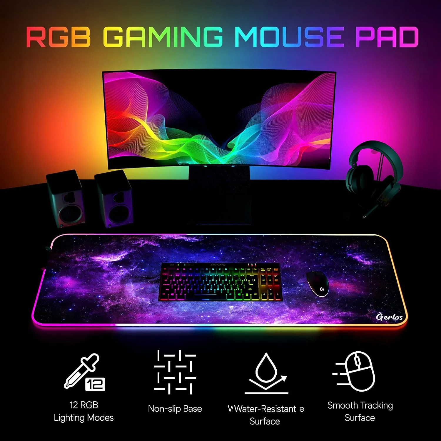 Gerlos RGB Gaming Mouse Pad, Large LED Mouse Pad for Gamer, 31.5" x 11.8"