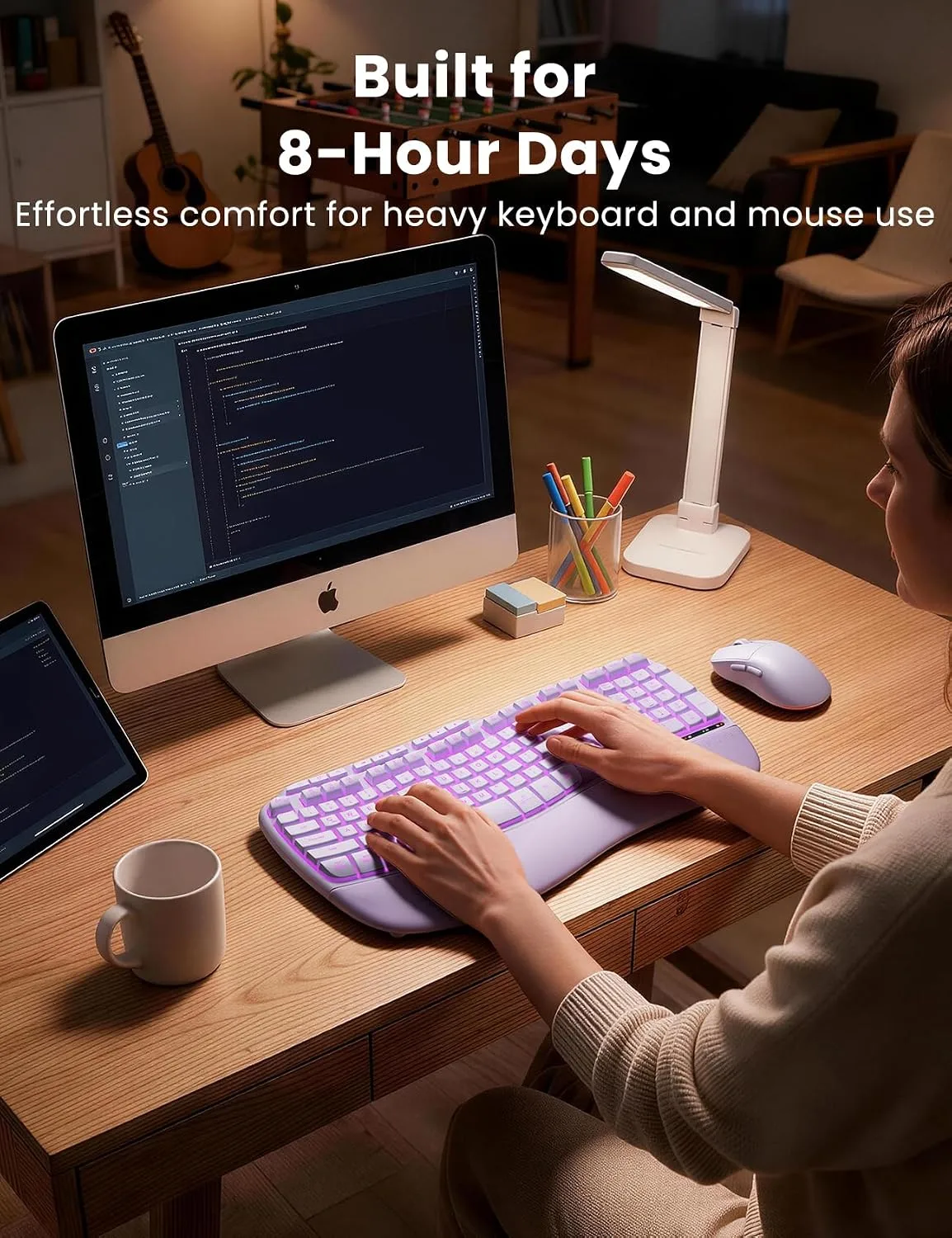 Purple Ergonomic Wireless Keyboard and Mouse Combo, Rechargeable 4000mAh Backlit Keyboard with Soft Faux Lambskin Palm Rest, Wave Keys for Natural Typing, Compatible with Windows/Mac/Chrome OS