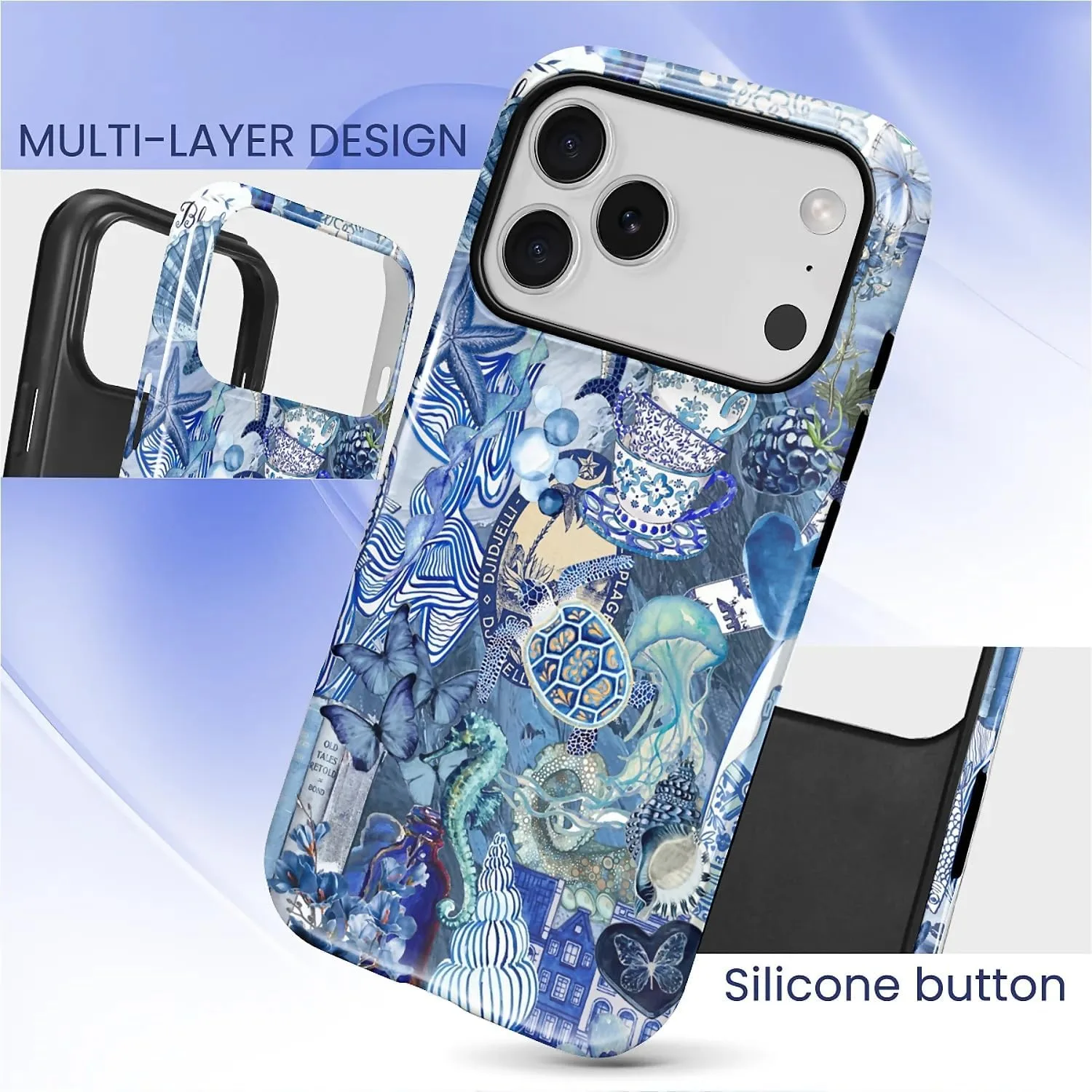 DAIZAG Case for iPhone 17 Pro,Mixed 2 Layer Design Shockproof Soft TPU Ddouble Protection Phone Case for iPhone 17 Pro-Blue Book Sea Life World