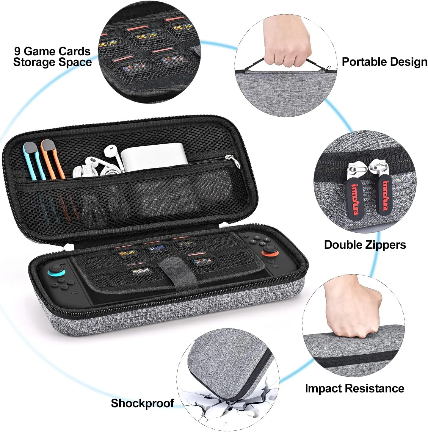 innoAura Switch 2 Carrying Case for NS Switch 2 (2025), with 9 Game Card Slots, Protective Travel Storage Case, Cute Pendant and Sticker, Gray