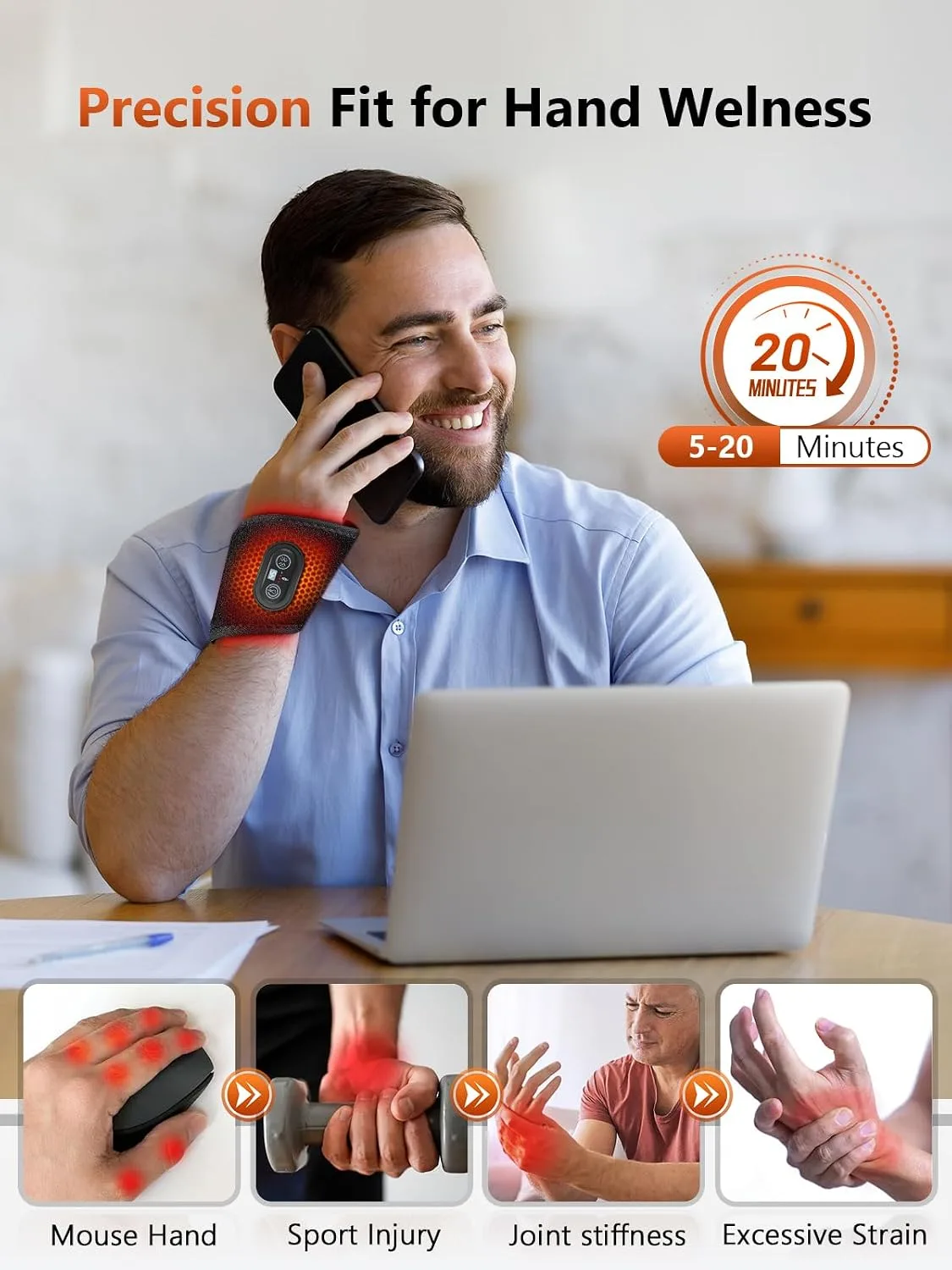 Red Light Therapy for Hand Wrist 5 Heat & 5 Vibration, 3000mAh Controller