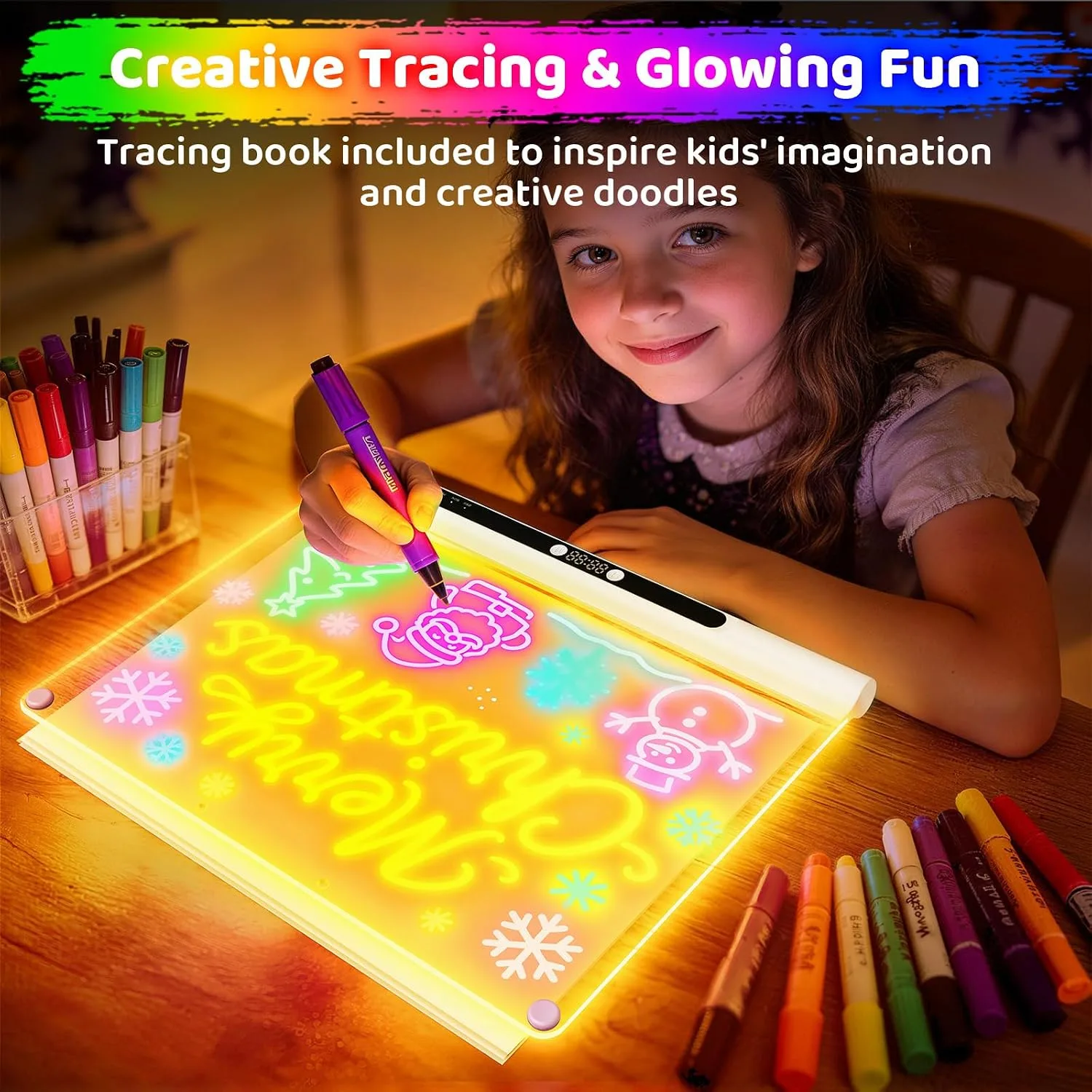 Geokay 16“ Rechargeable LED Drawing Board, 9-Color Light Modes with Timer