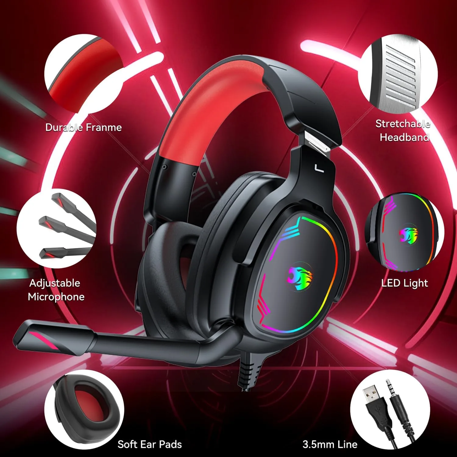 Jimonyer Gaming Headset with Microphone, 7.1 Surround Sound and Noise Canceling Over Ear Headphones for PC, PS4, PS5,Xbox Series,Switch, RGB Light and Soft Imitation Protein Earmuffs (Red)