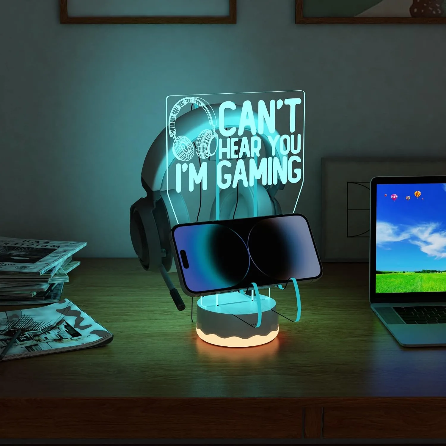 Ammonite Headphone Controller Stand Light up , 16 Colors 3D LED Lights Headset Gamepad Holder, Game Controller Hanger for All Universal Gaming PC Accessories