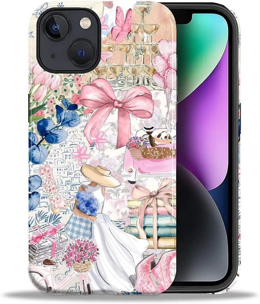 DAIZAG Case for iPhone 14 Plus,Mixed 2 Layer Design Shockproof Soft TPU Ddouble Protection Phone Case for iPhone 14 Plus-Magazine Books Flower Bow Collage