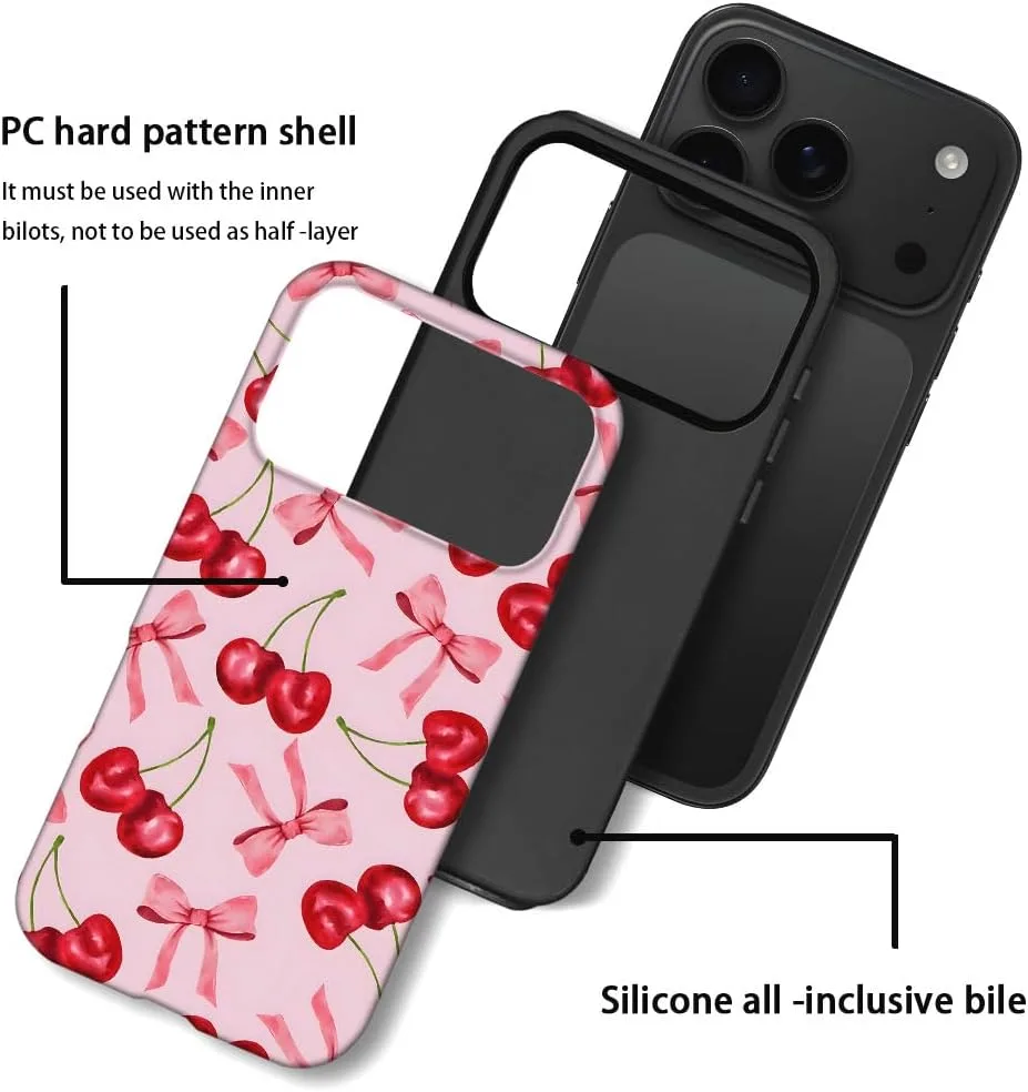 Case Compatible with iPhone 18 Pro/iPhone 17 Pro,Fall Prevention Hybrid 2-Layer Hard Shell Phone Cover for Girls Boys,Pink Bow Cherry Ribbon Fruit