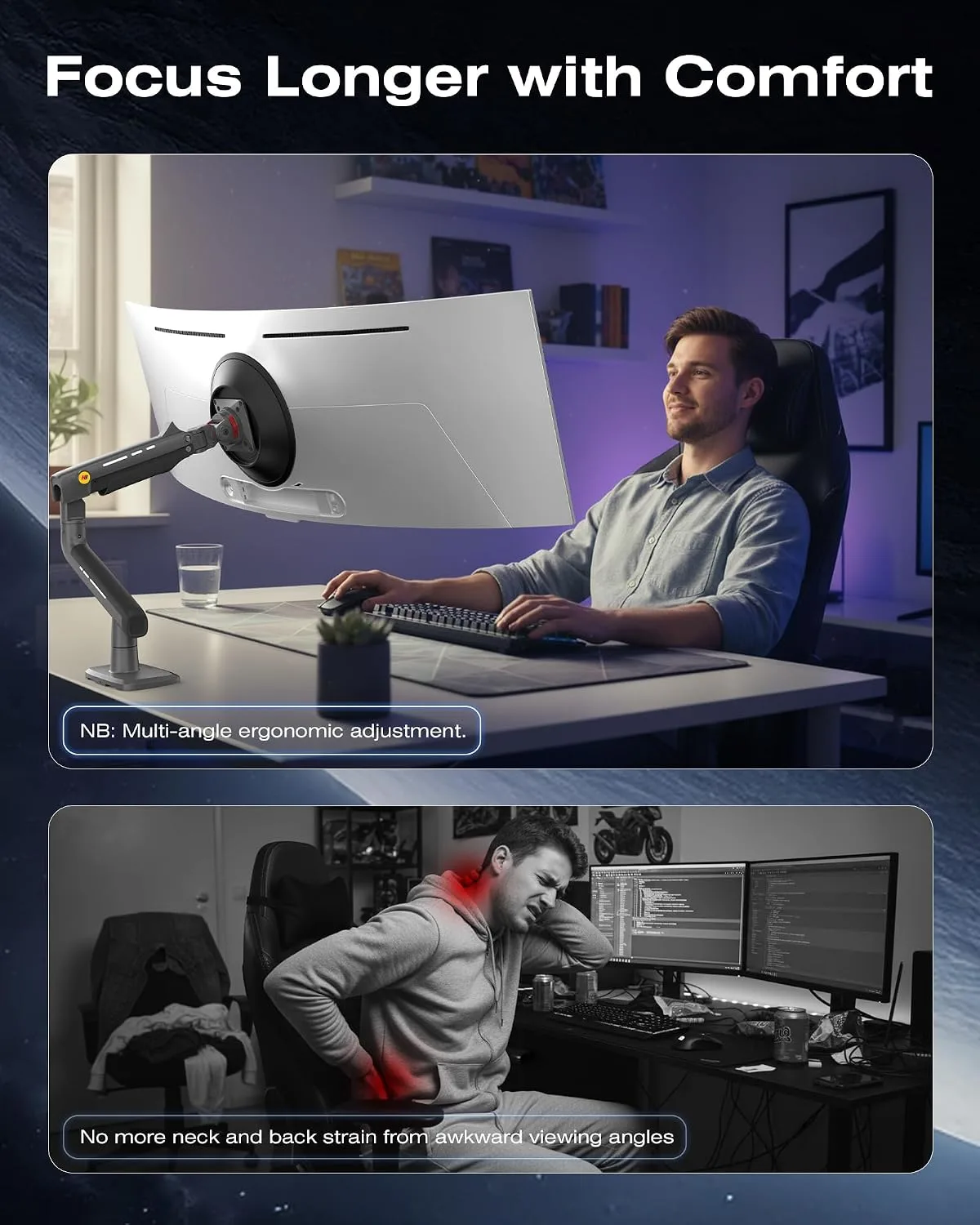 NB Gaming Monitor Arm for Screen up to 60 inches, Holds 44 lbs(20 kg), VESA 75/100, RGB Light, Heavy Duty Monitor Stand, Aluminum Ultrawide Screen Mount Height Angle Adjustable Grey Black