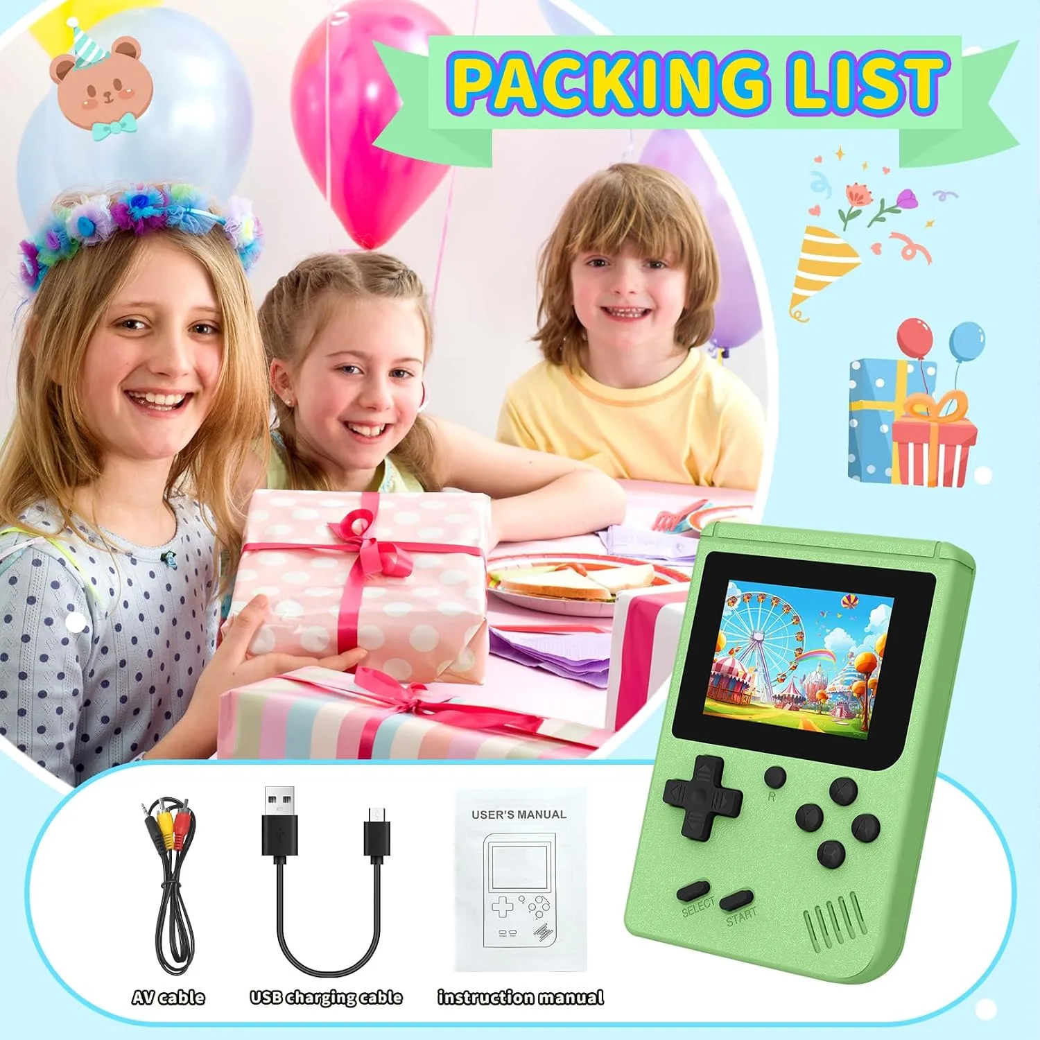 Retro Handheld Game Console, Built-in 400 Classic Video Game Consoles, 3.0 Inch Screen Portable Mini Travel Handheld Gaming Console for Kids, Ideal Gifts, Green